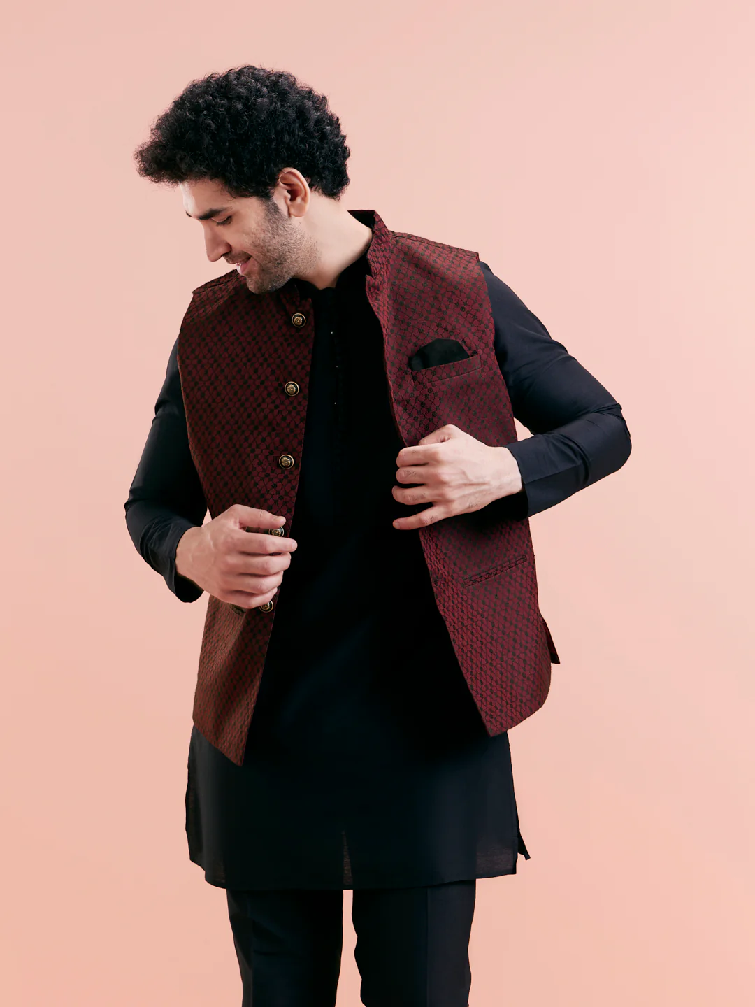 Black Mid Kurta with Maroon Jacquard Jacket Set - Image 6