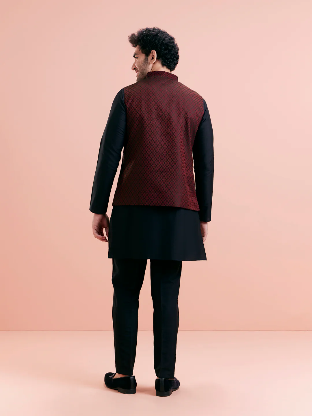 Black Mid Kurta with Maroon Jacquard Jacket Set - Image 7
