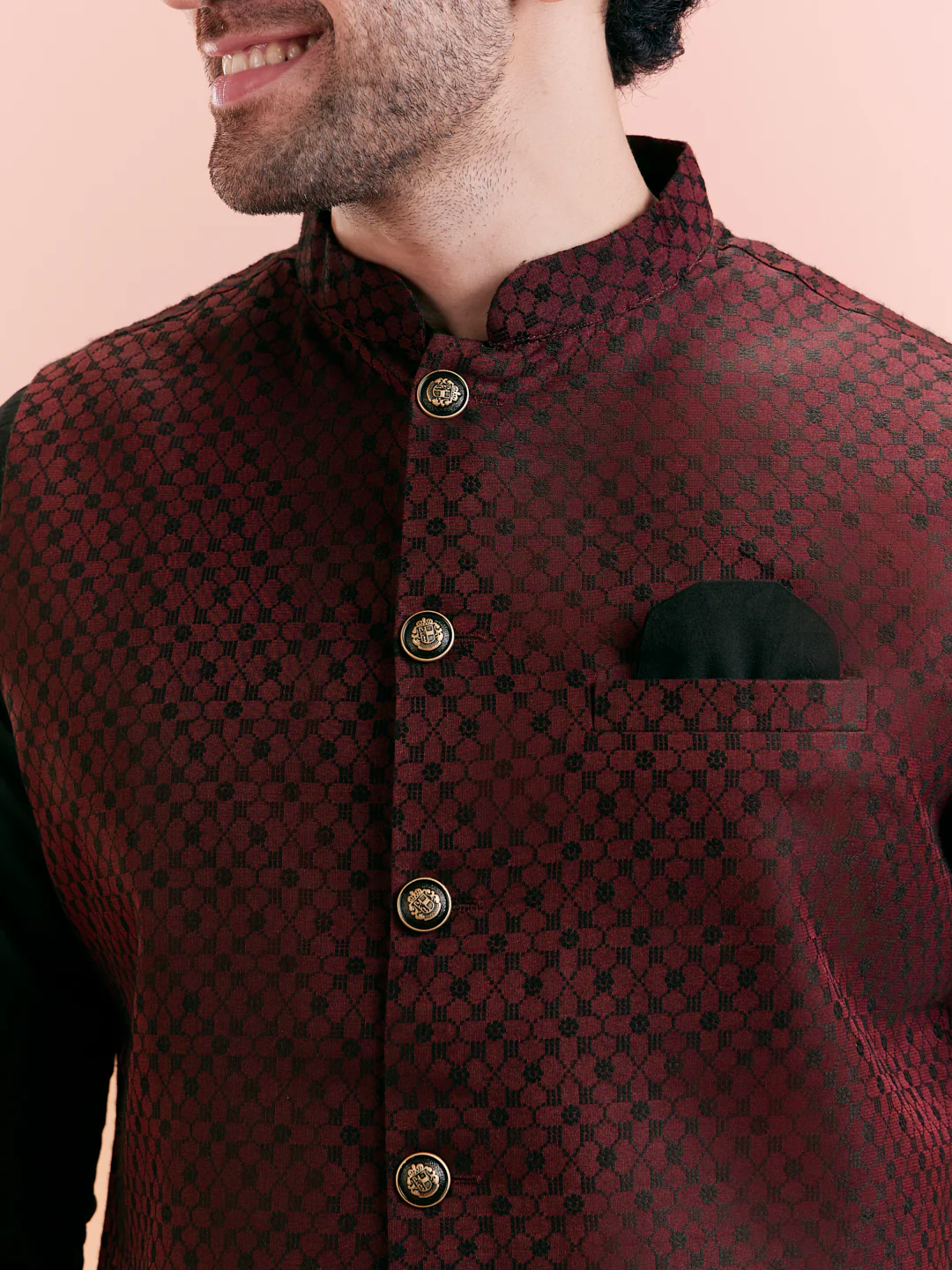Black Mid Kurta with Maroon Jacquard Jacket Set - Image 8