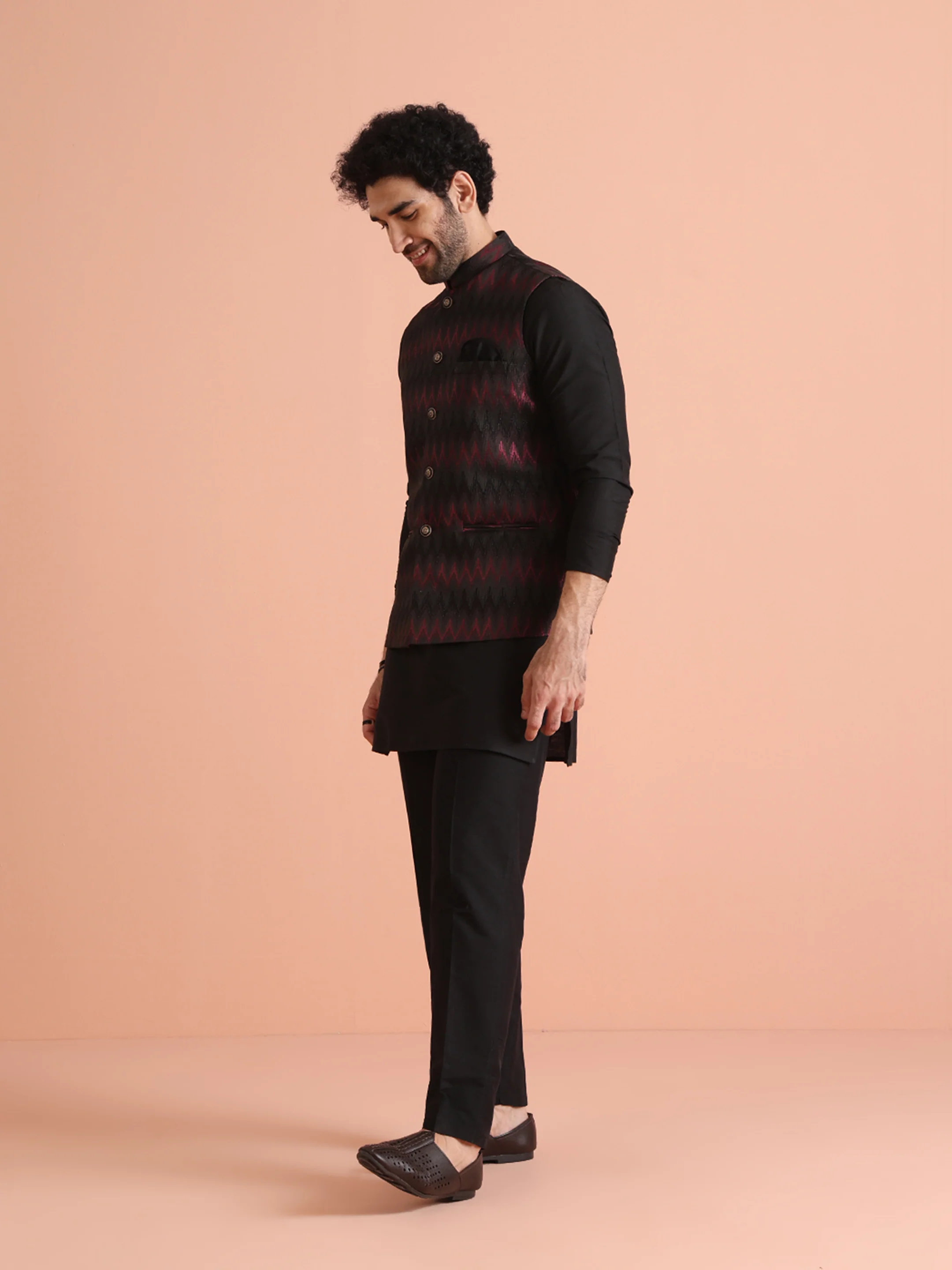 Black Silk Blend Ikat Nehru Jacket Kurta Trouser Set - Image 3