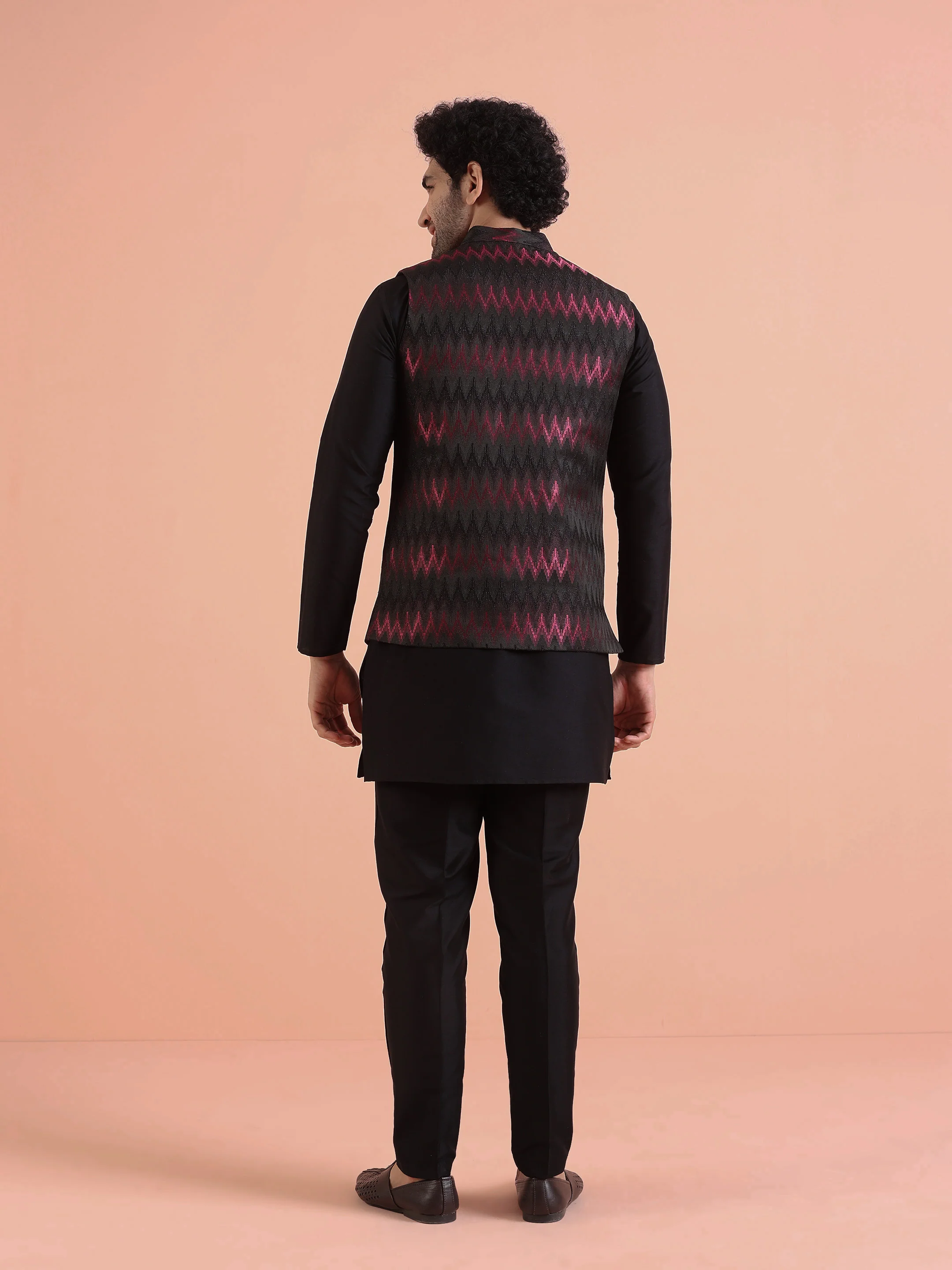 Black Silk Blend Ikat Nehru Jacket Kurta Trouser Set - Image 4