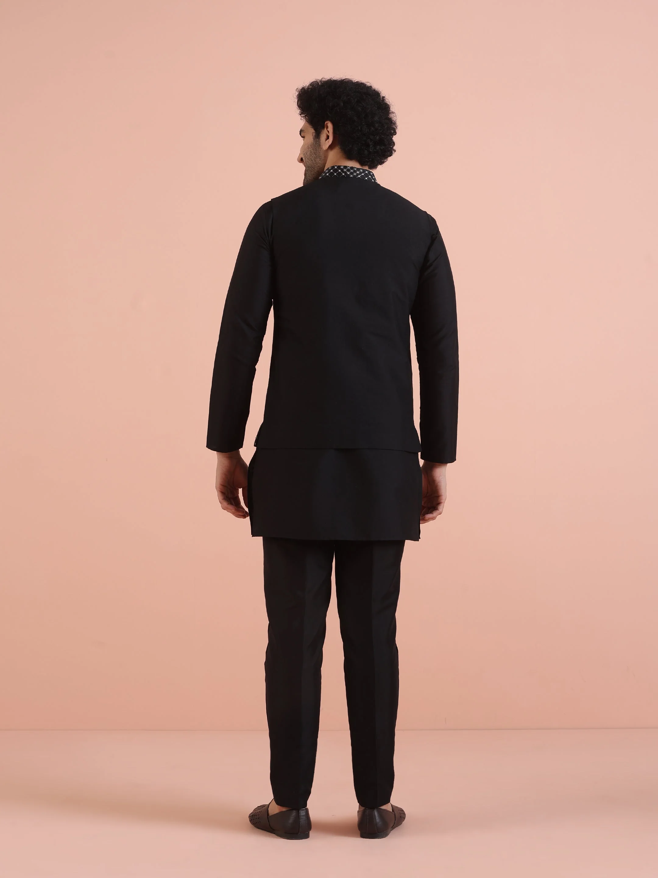 Black Embroidered Nehru Jacket Kurta Set - Image 10