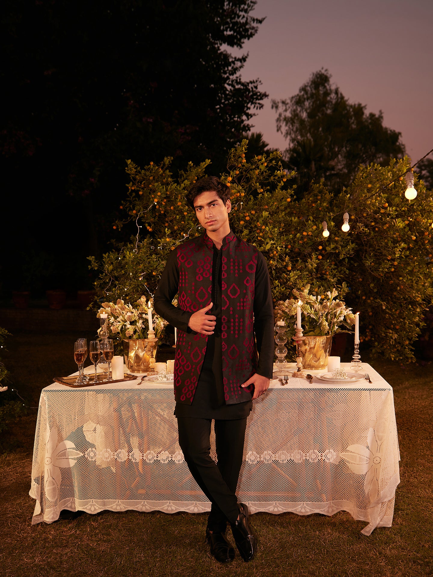 Black Maroon Embroidered Nehru Jacket Set