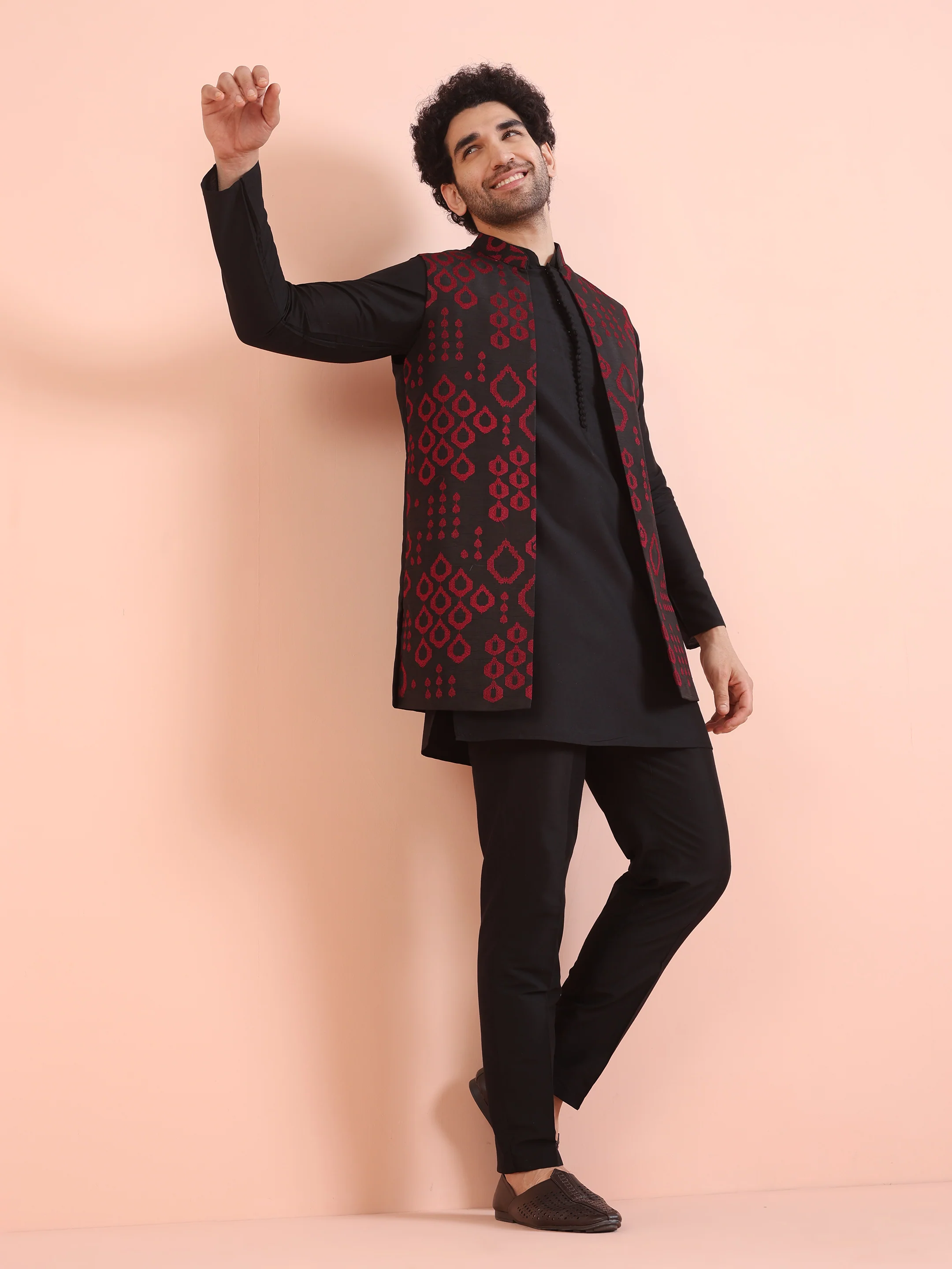 Black Maroon Embroidered Nehru Jacket Set - Image 2