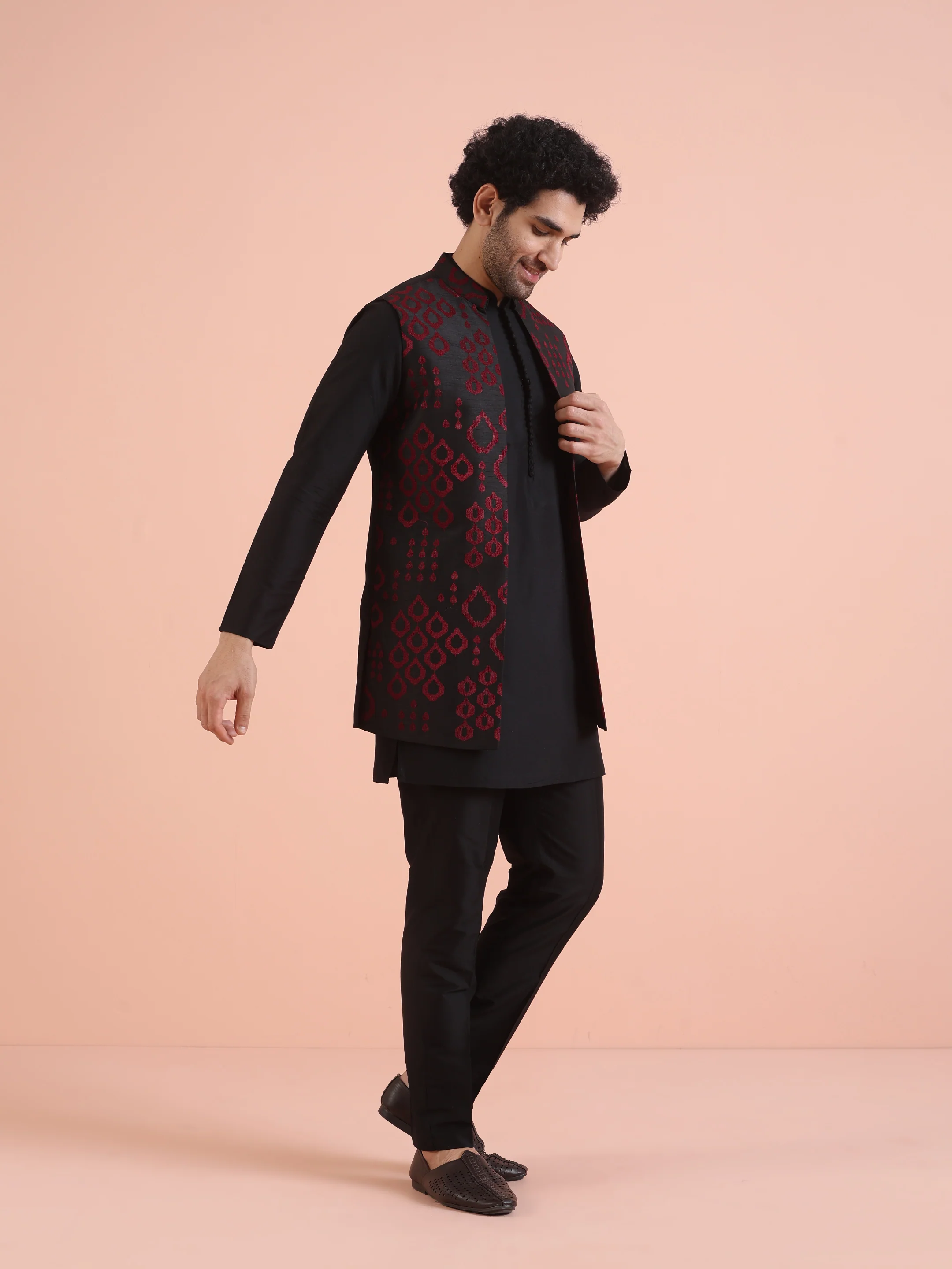 Black Maroon Embroidered Nehru Jacket Set - Image 4
