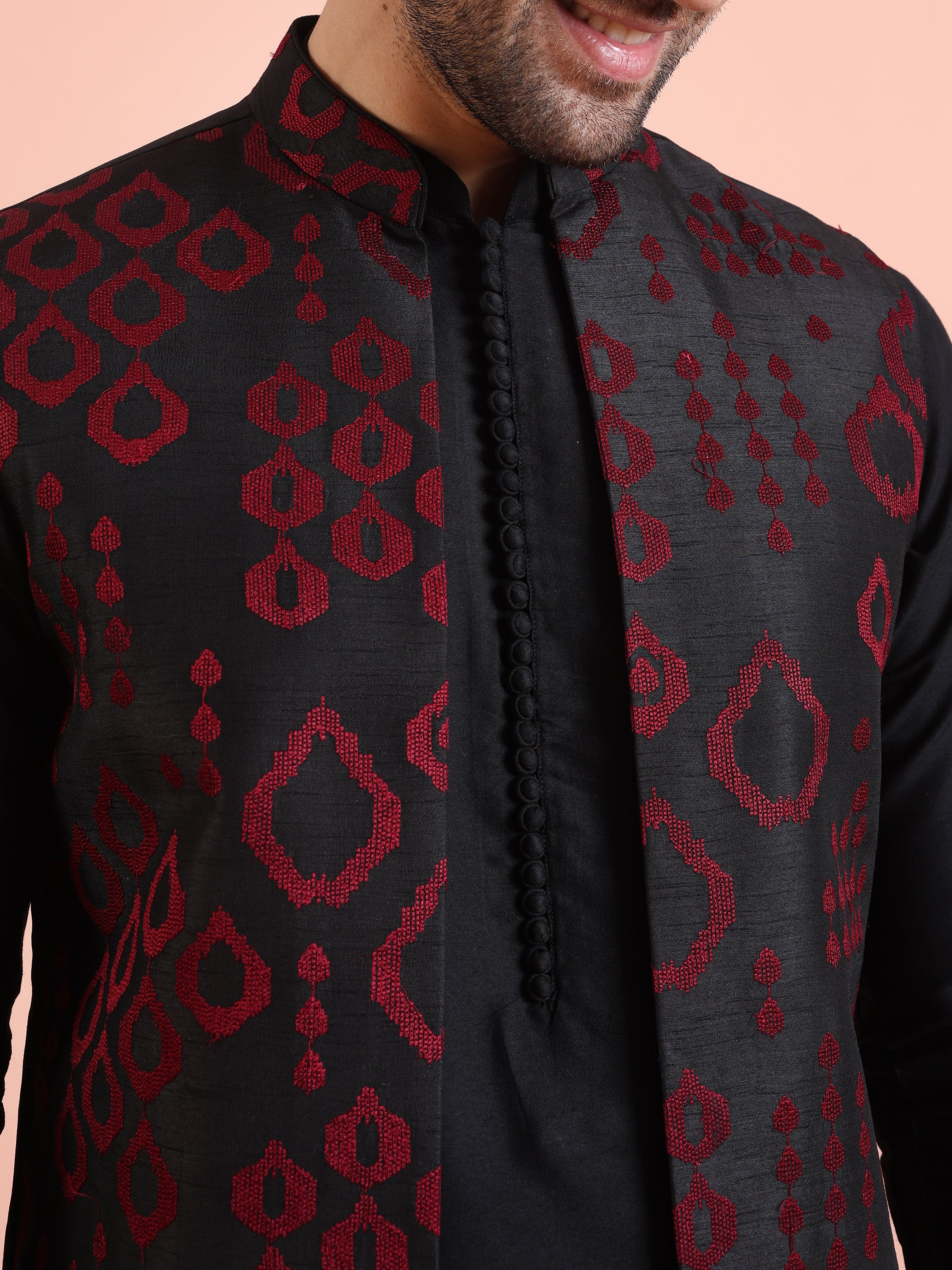 Black Maroon Embroidered Nehru Jacket Set - Image 6