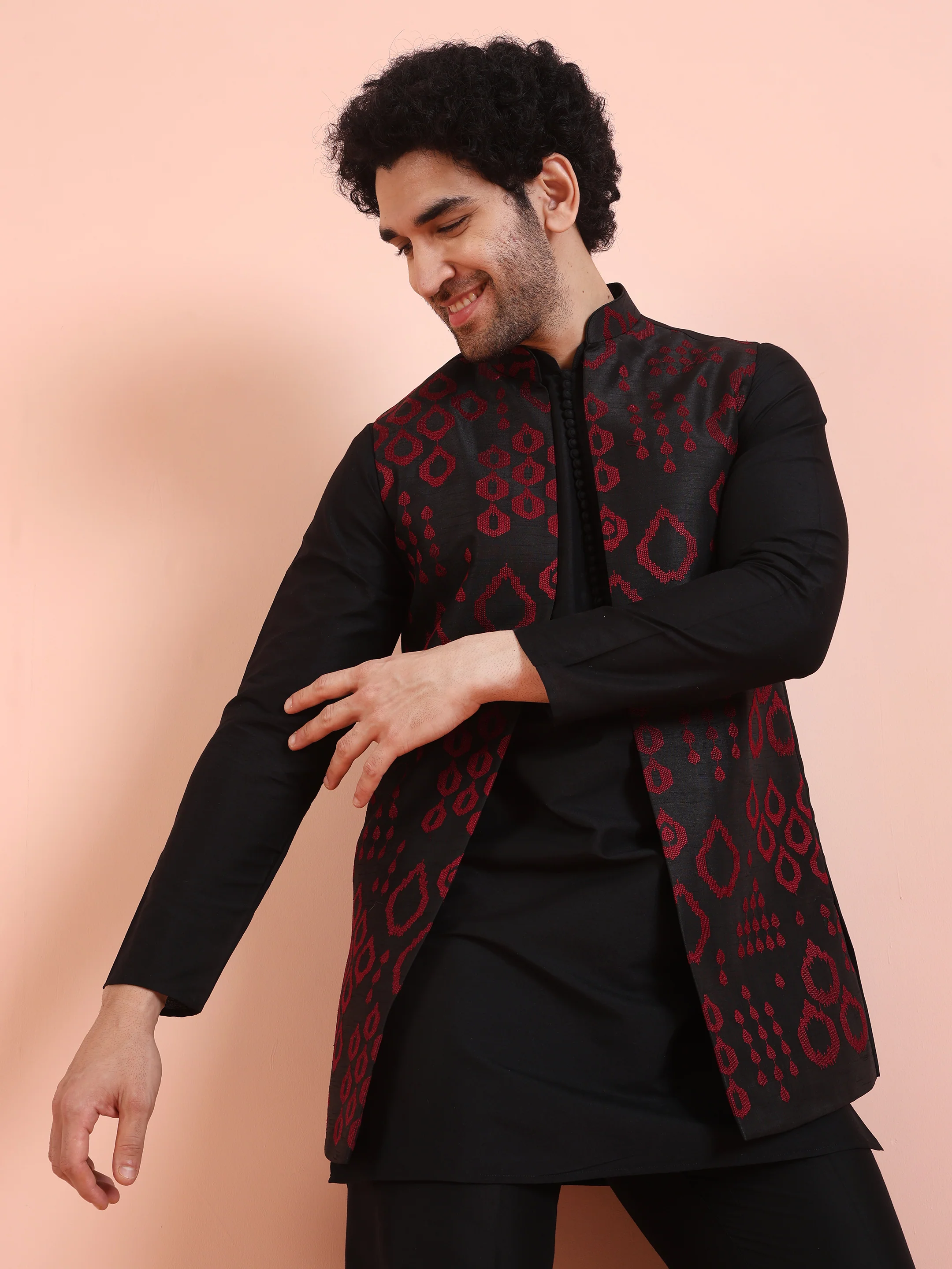 Black Maroon Embroidered Nehru Jacket Set - Image 8