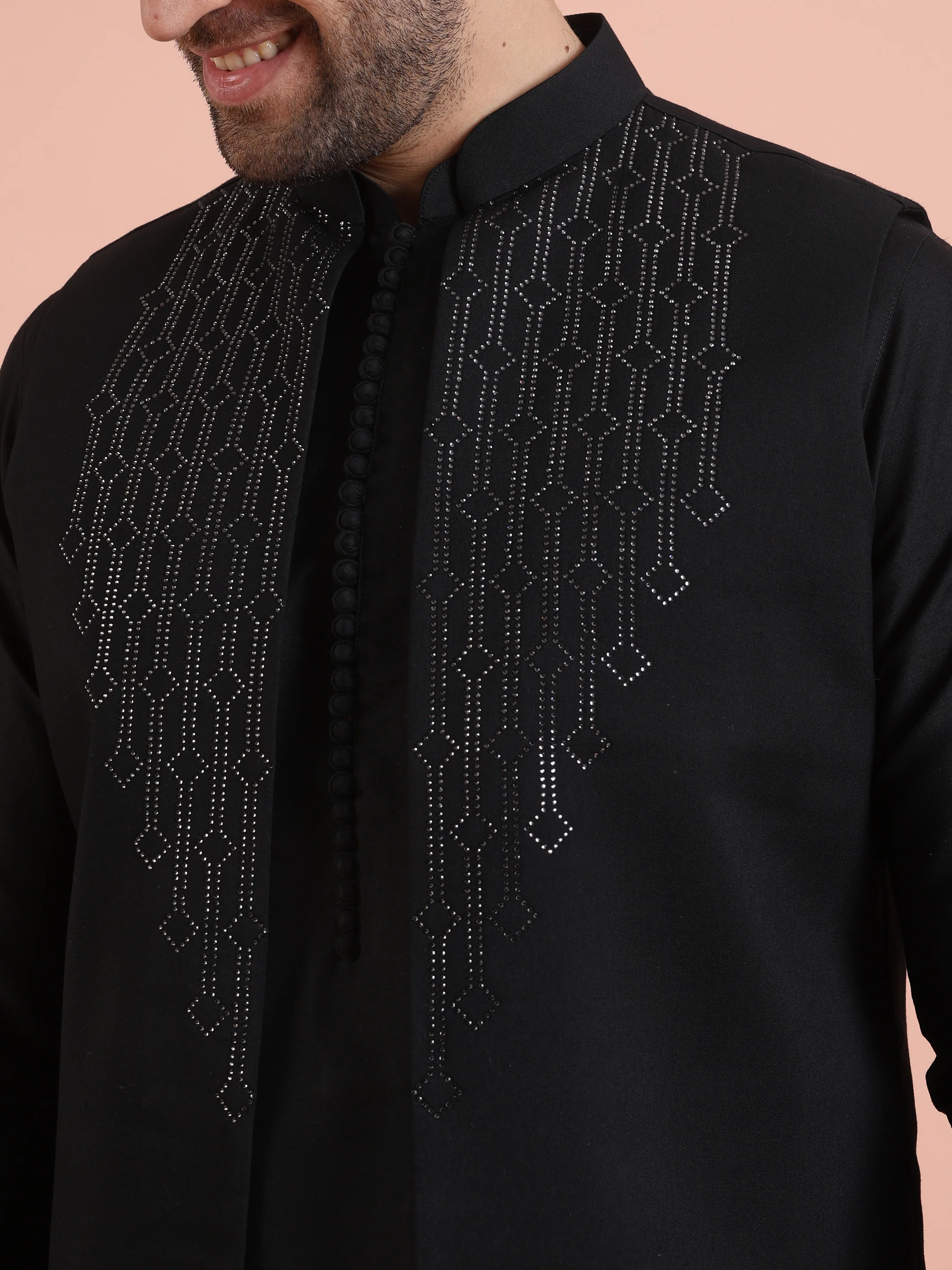 Black Embellished Jacket Kurta Trouser Set - Image 5