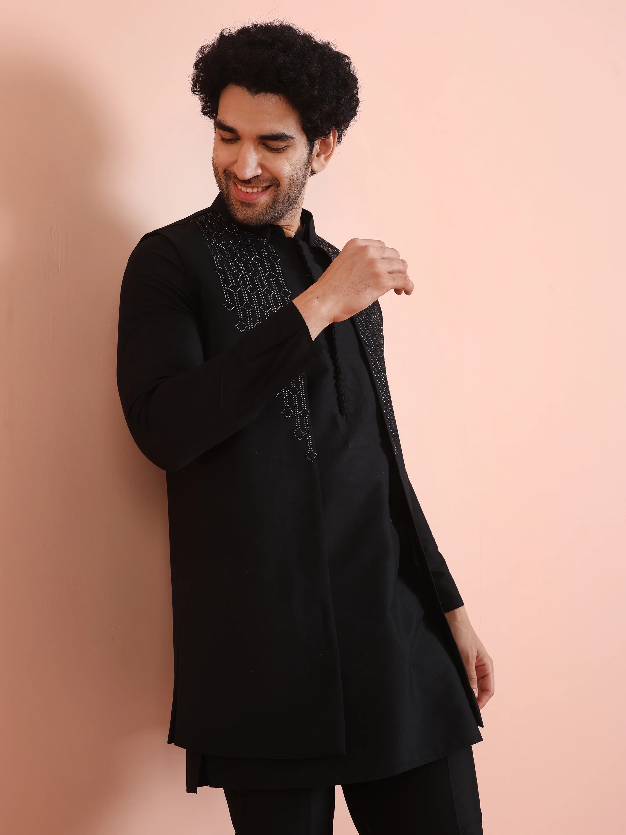 Black Embellished Jacket Kurta Trouser Set - Image 7