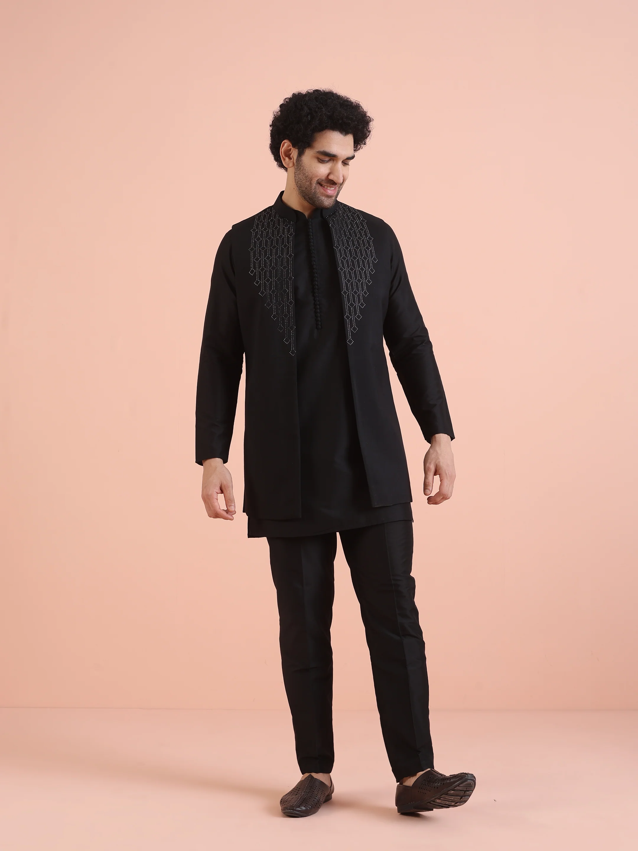 Black Embellished Jacket Kurta Trouser Set - Image 8