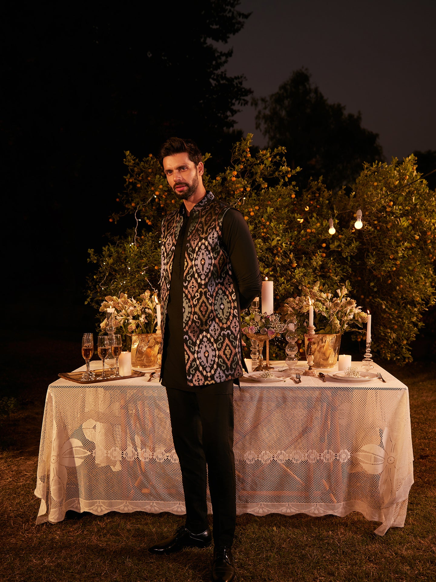 Black Multicolor Jacquard Nehru Jacket Set