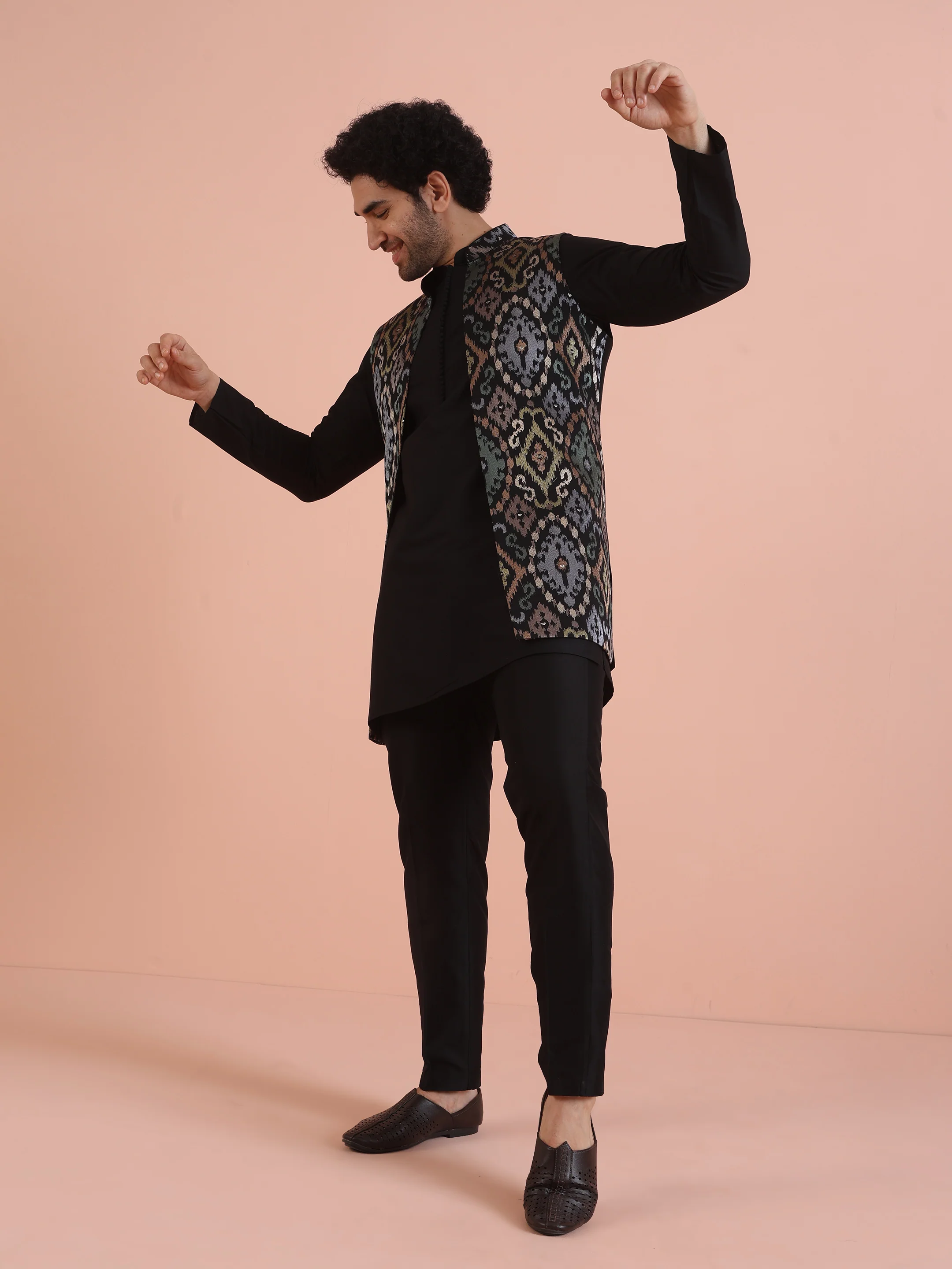 Black Multicolor Jacquard Nehru Jacket Set - Image 2