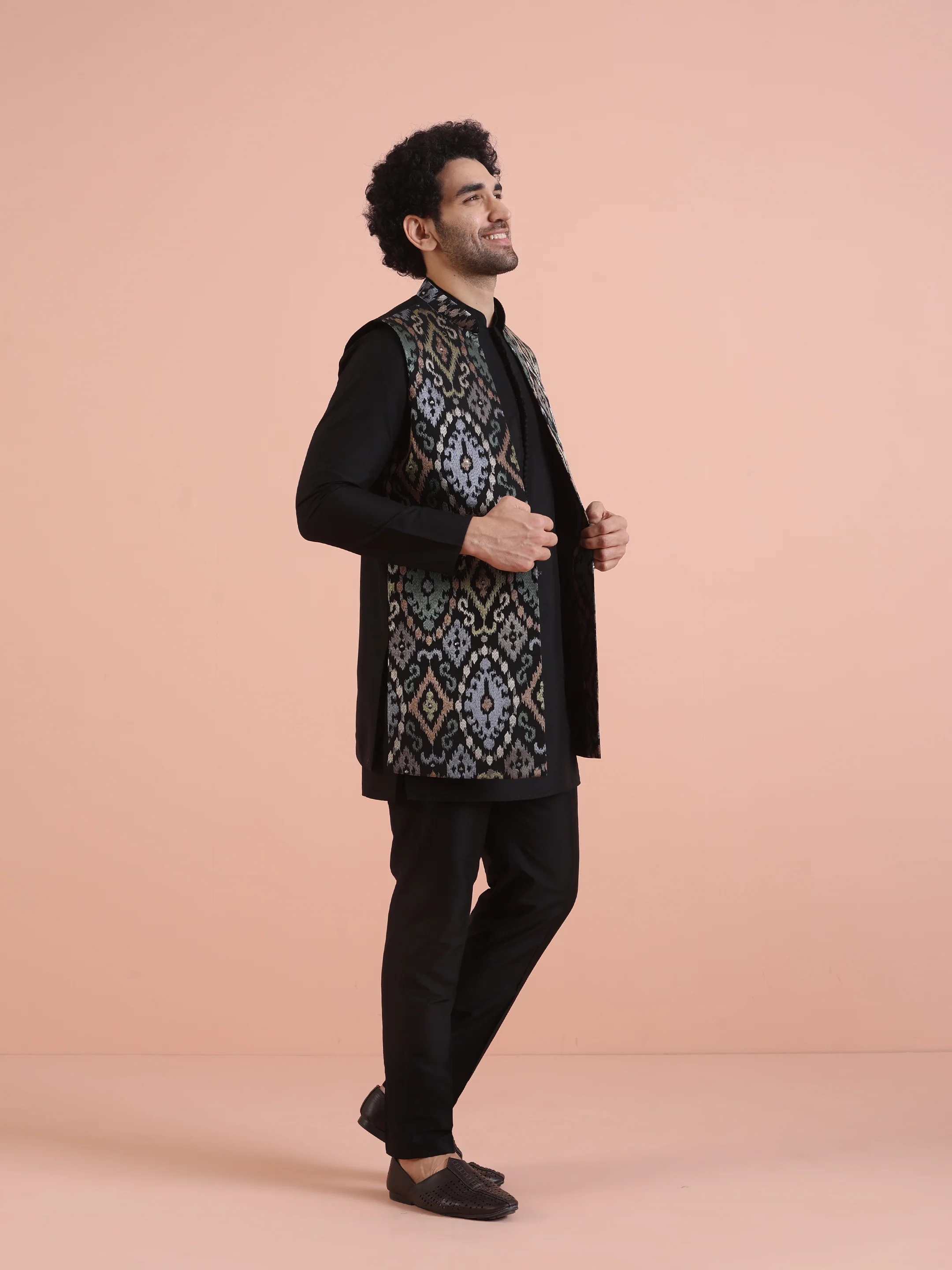 Black Multicolor Jacquard Nehru Jacket Set - Image 3