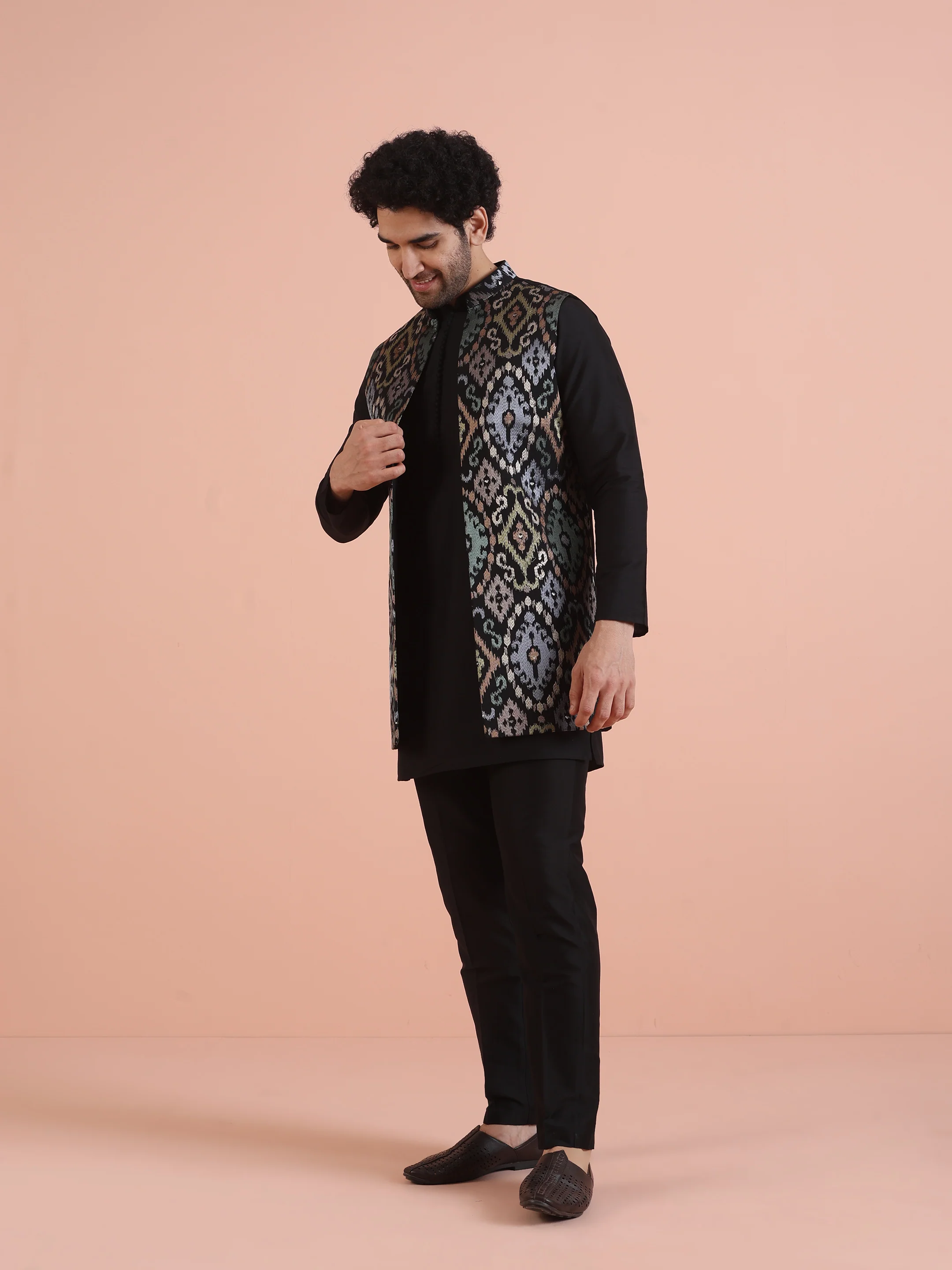 Black Multicolor Jacquard Nehru Jacket Set - Image 4