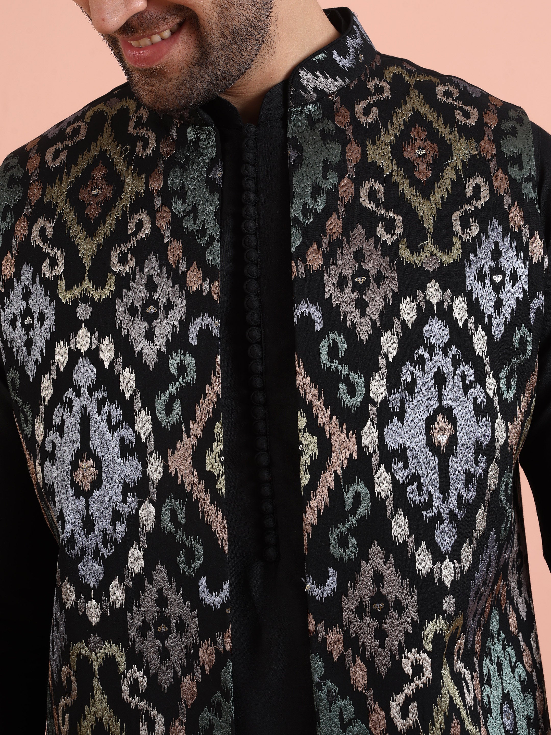 Black Multicolor Jacquard Nehru Jacket Set - Image 6