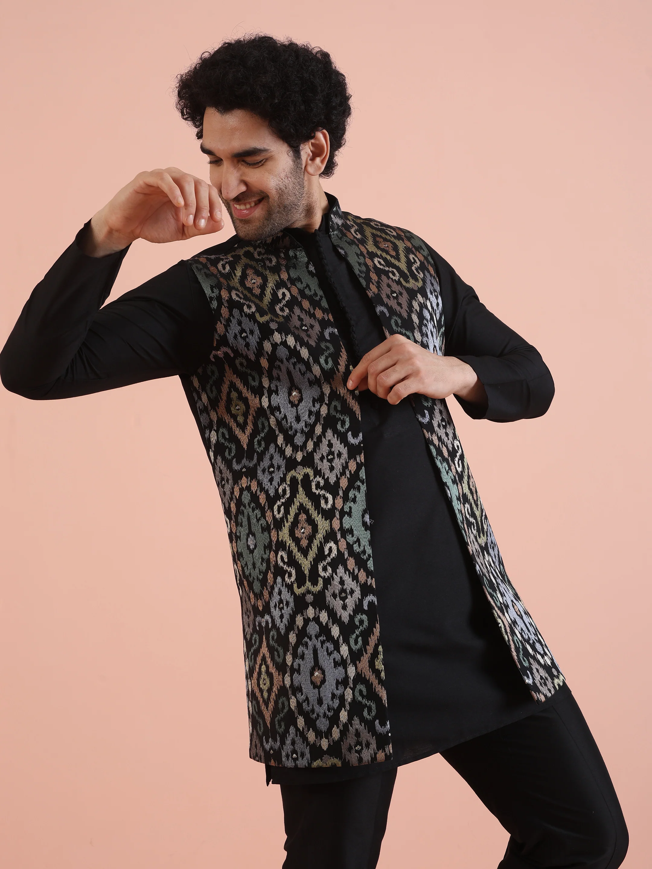 Black Multicolor Jacquard Nehru Jacket Set - Image 9