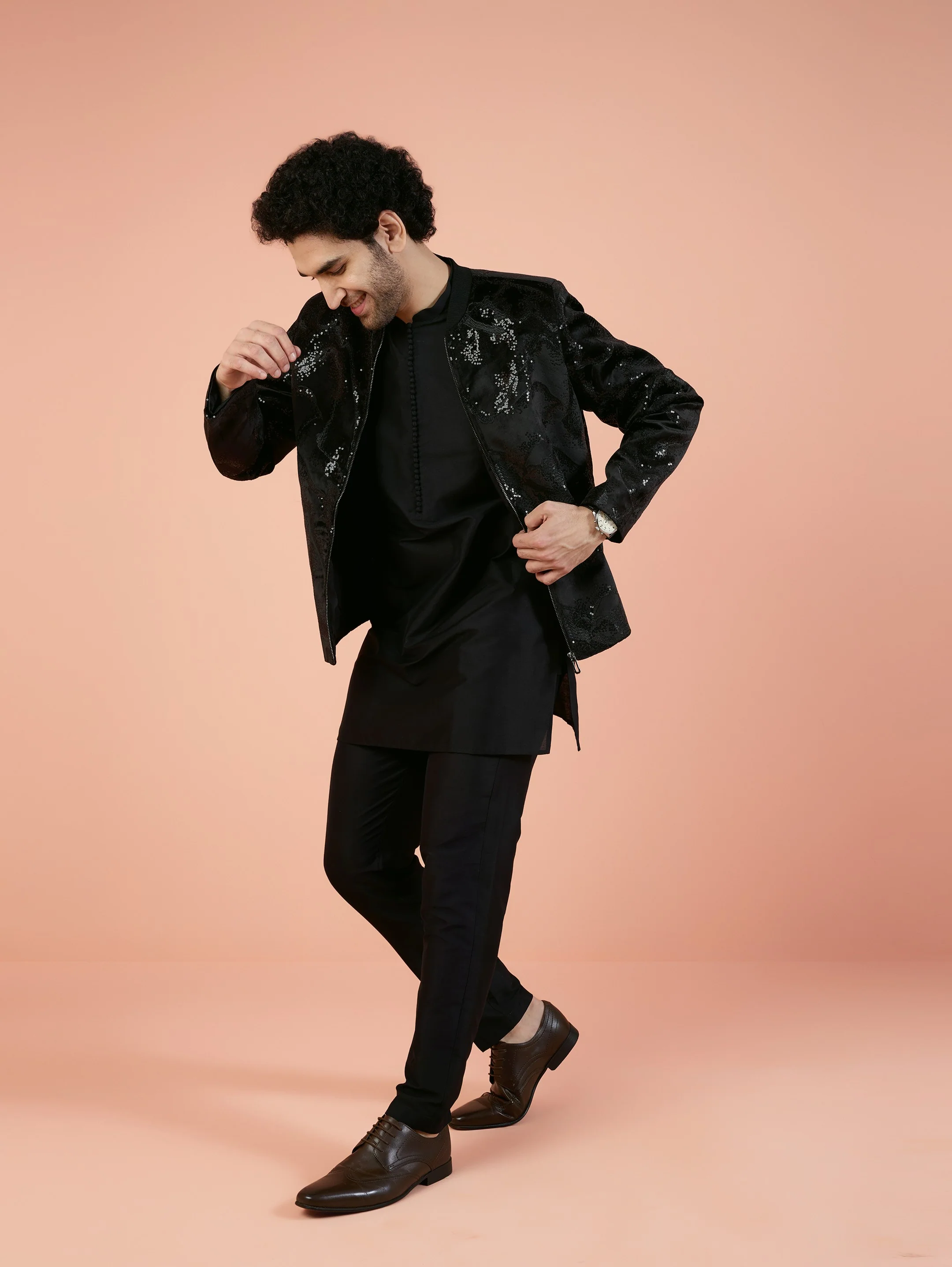 Men Black Abstract Kurta Bomber Jacket Trouser Set with Sequence - Image 2