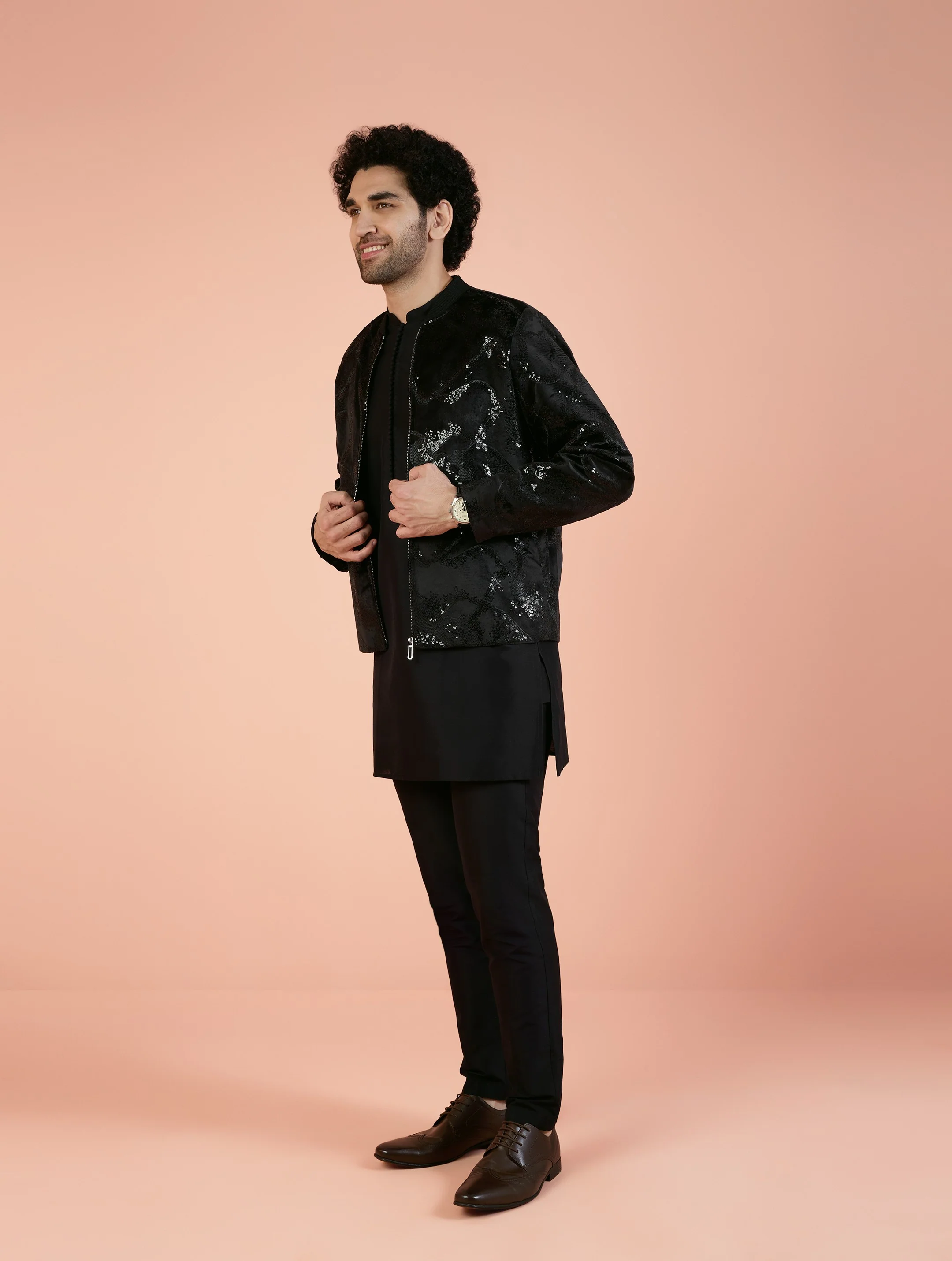 Men Black Abstract Kurta Bomber Jacket Trouser Set with Sequence - Image 3