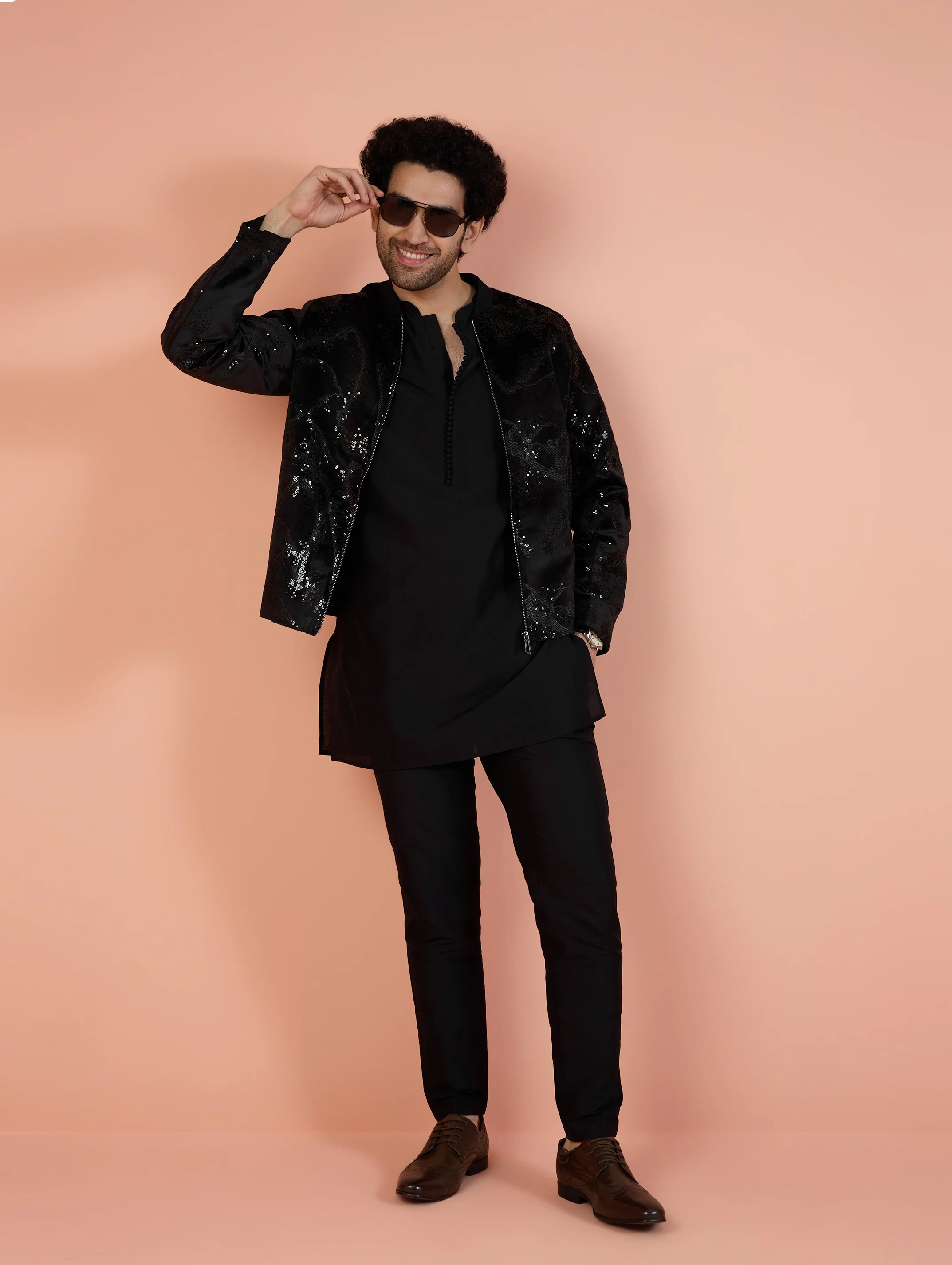 Men Black Abstract Kurta Bomber Jacket Trouser Set with Sequence - Image 8