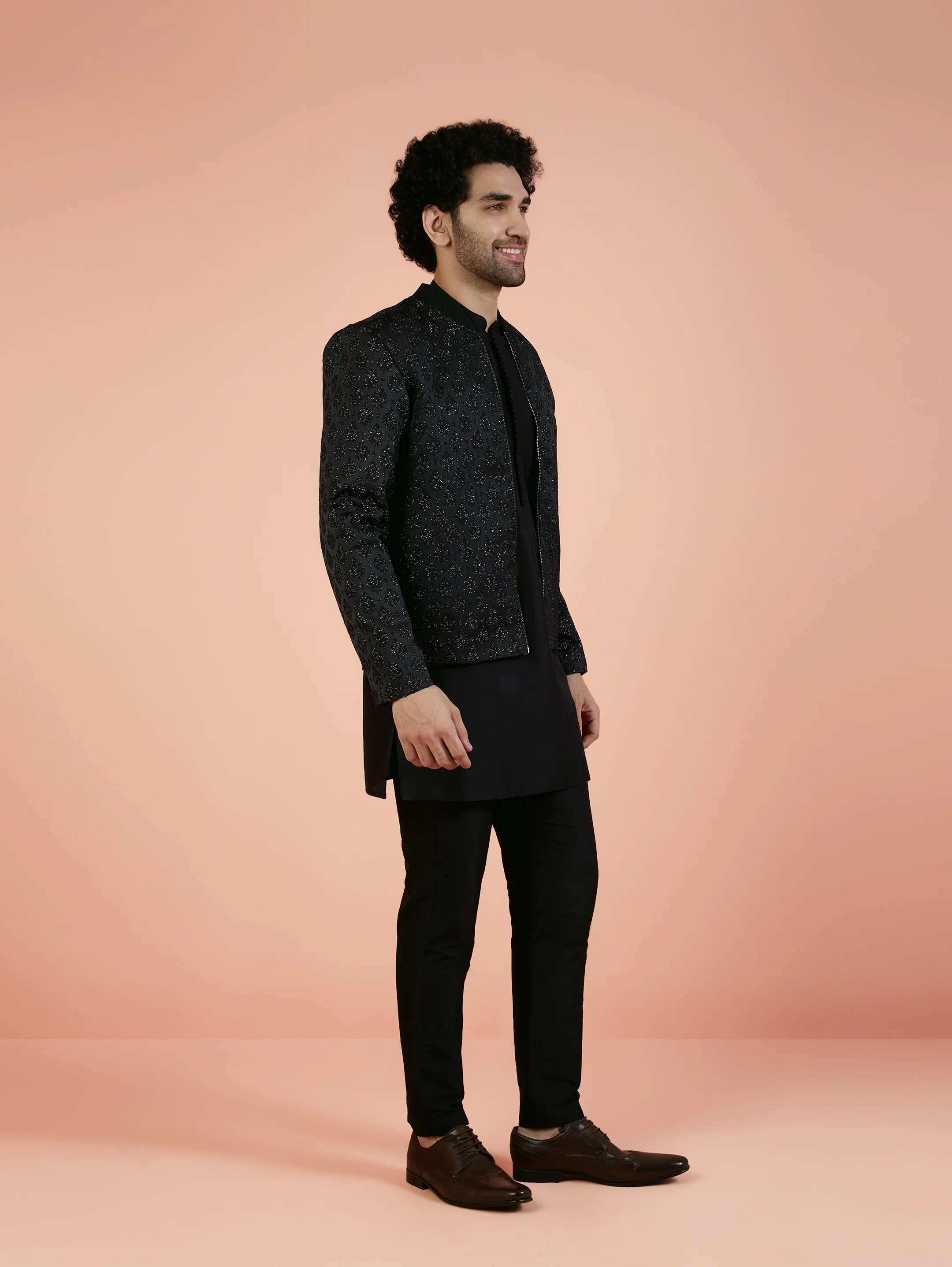 Men Black Woven Design Kurta Bomber Jacket Trouser Set with Ethnic Motifs - Image 3