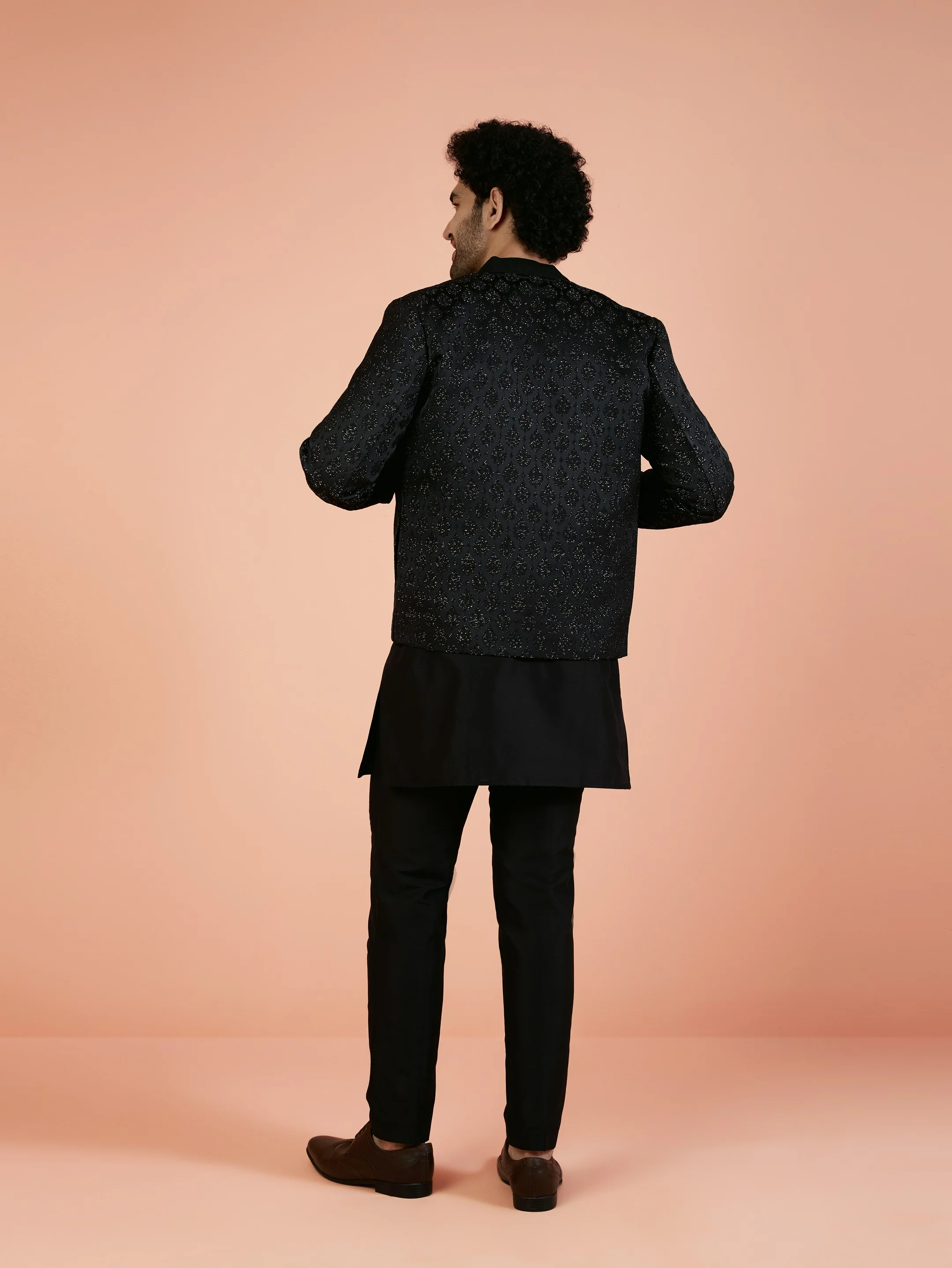 Men Black Woven Design Kurta Bomber Jacket Trouser Set with Ethnic Motifs - Image 5