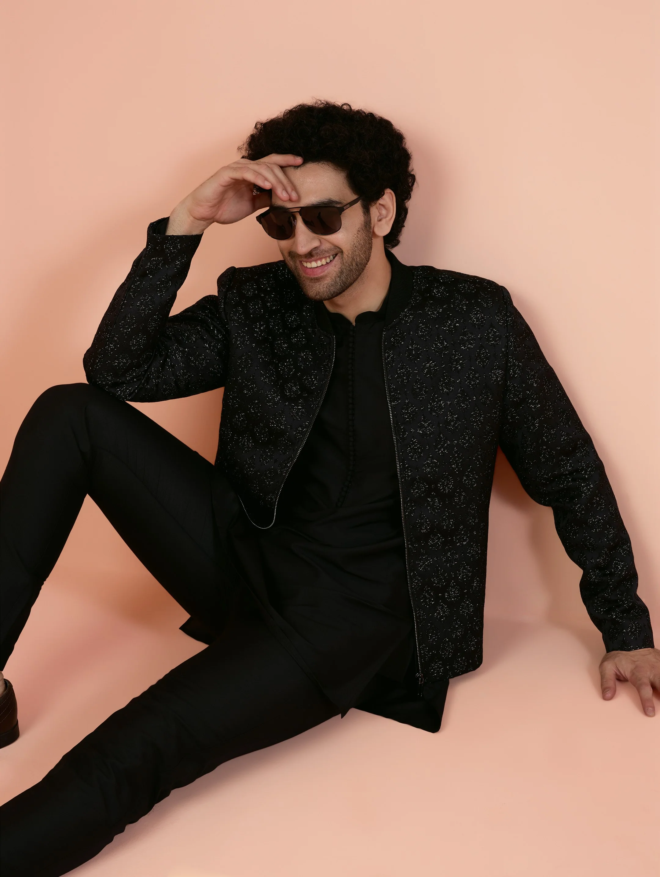 Men Black Woven Design Kurta Bomber Jacket Trouser Set with Ethnic Motifs - Image 9
