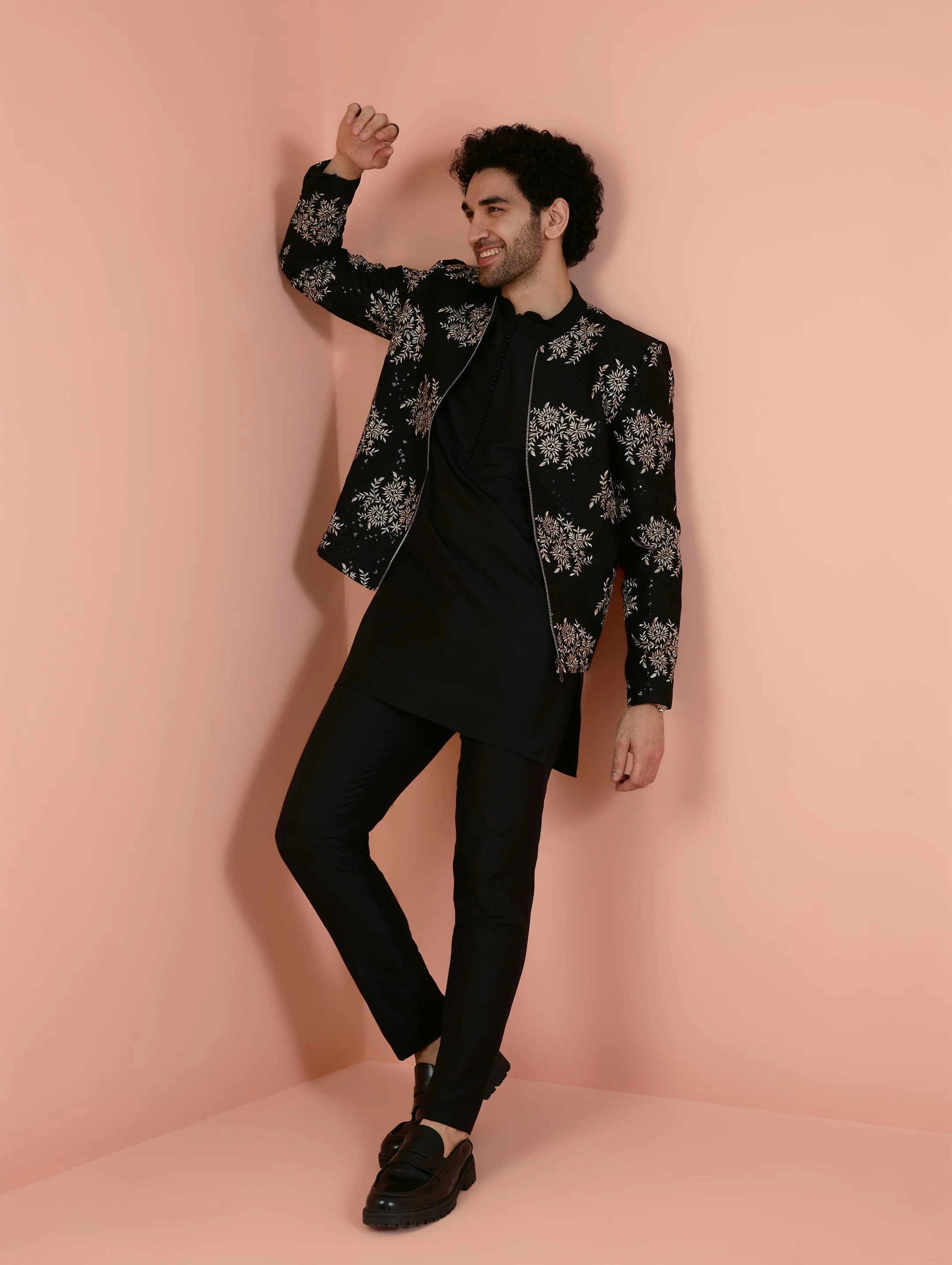 Men Black Embroidered Kurta Bomber Jacket Trouser Set with Thread Work - Image 2