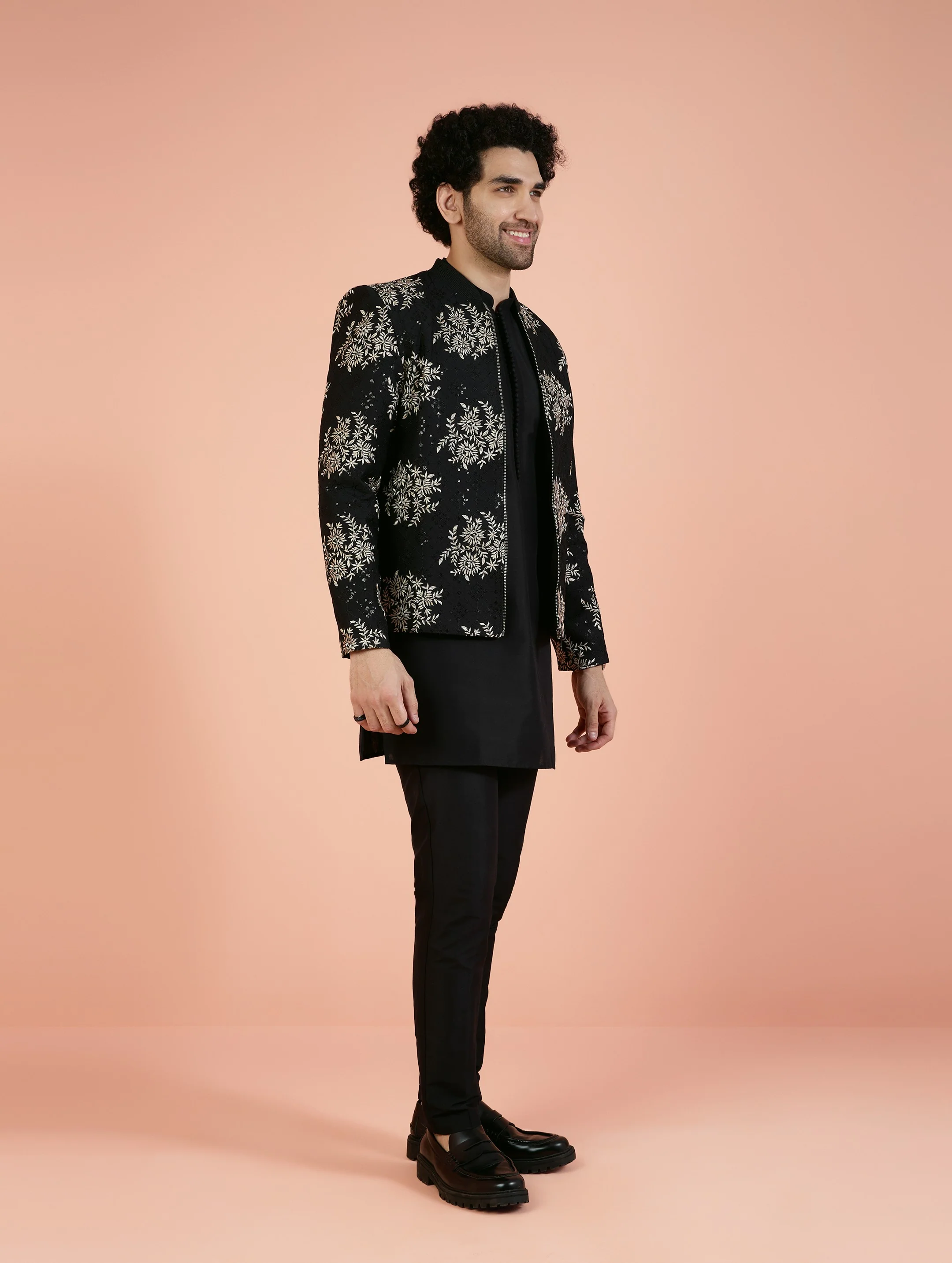 Men Black Embroidered Kurta Bomber Jacket Trouser Set with Thread Work - Image 3