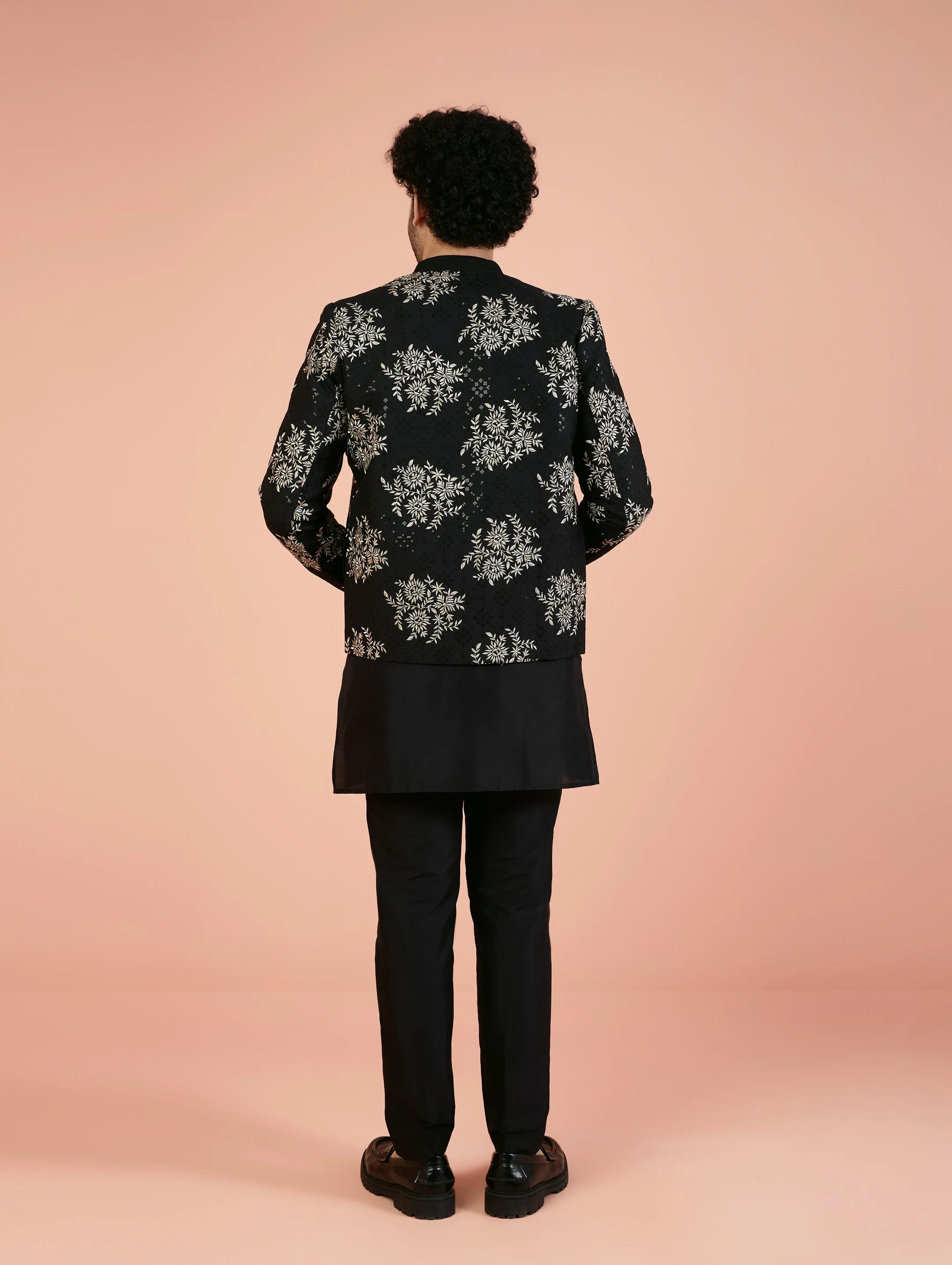 Men Black Embroidered Kurta Bomber Jacket Trouser Set with Thread Work - Image 5