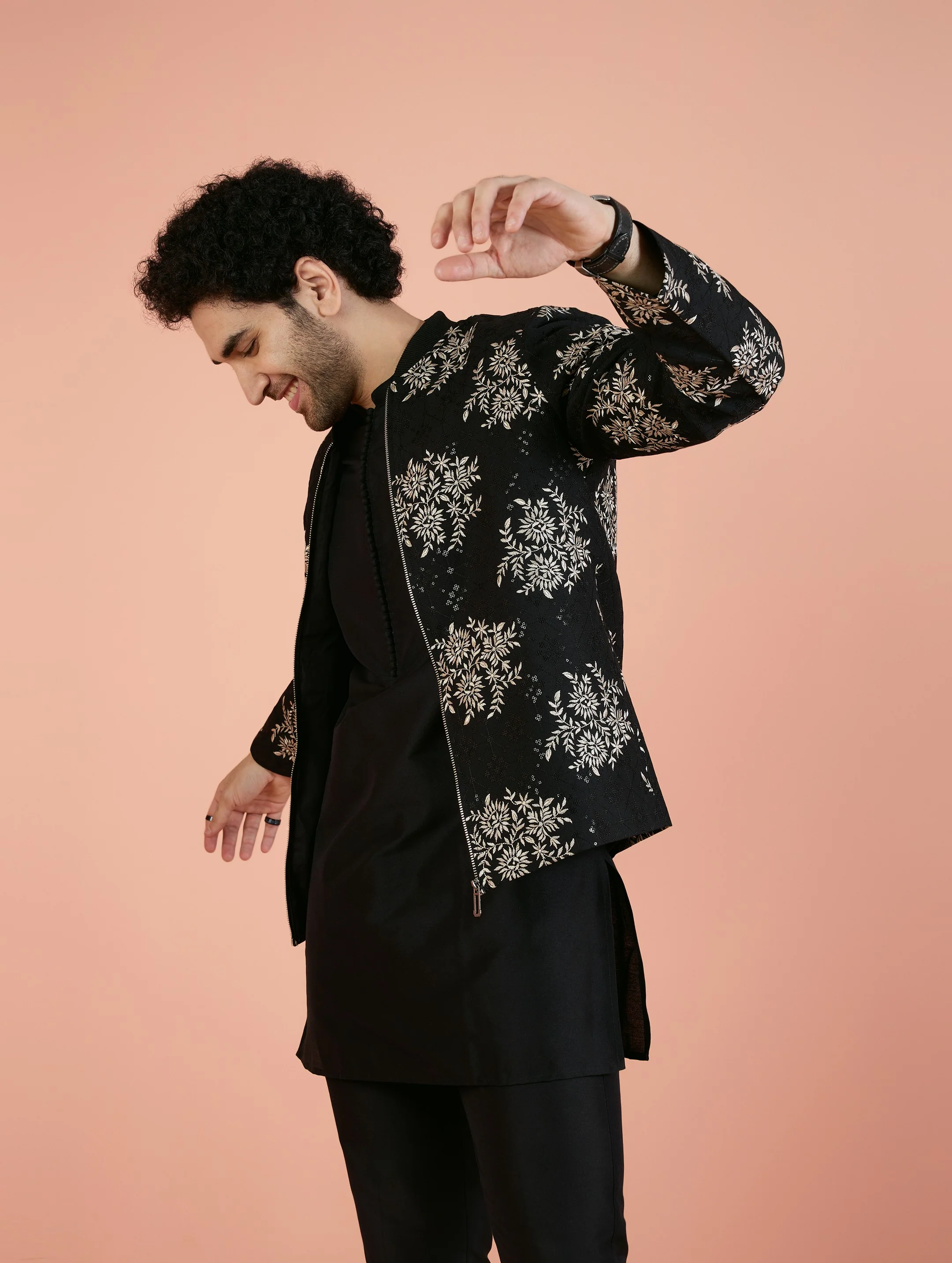 Men Black Embroidered Kurta Bomber Jacket Trouser Set with Thread Work - Image 8