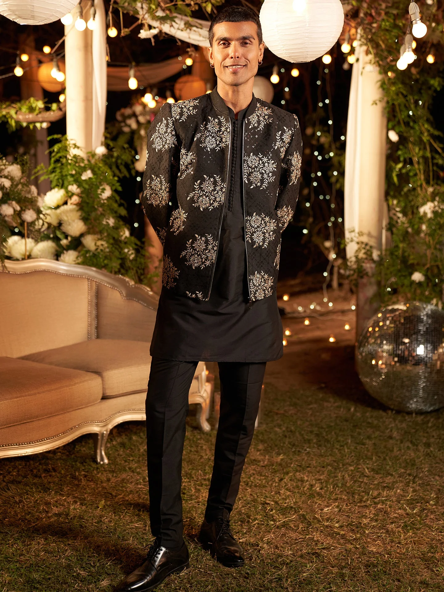 Men Black Embroidered Kurta Bomber Jacket Trouser Set with Thread Work - Image 9