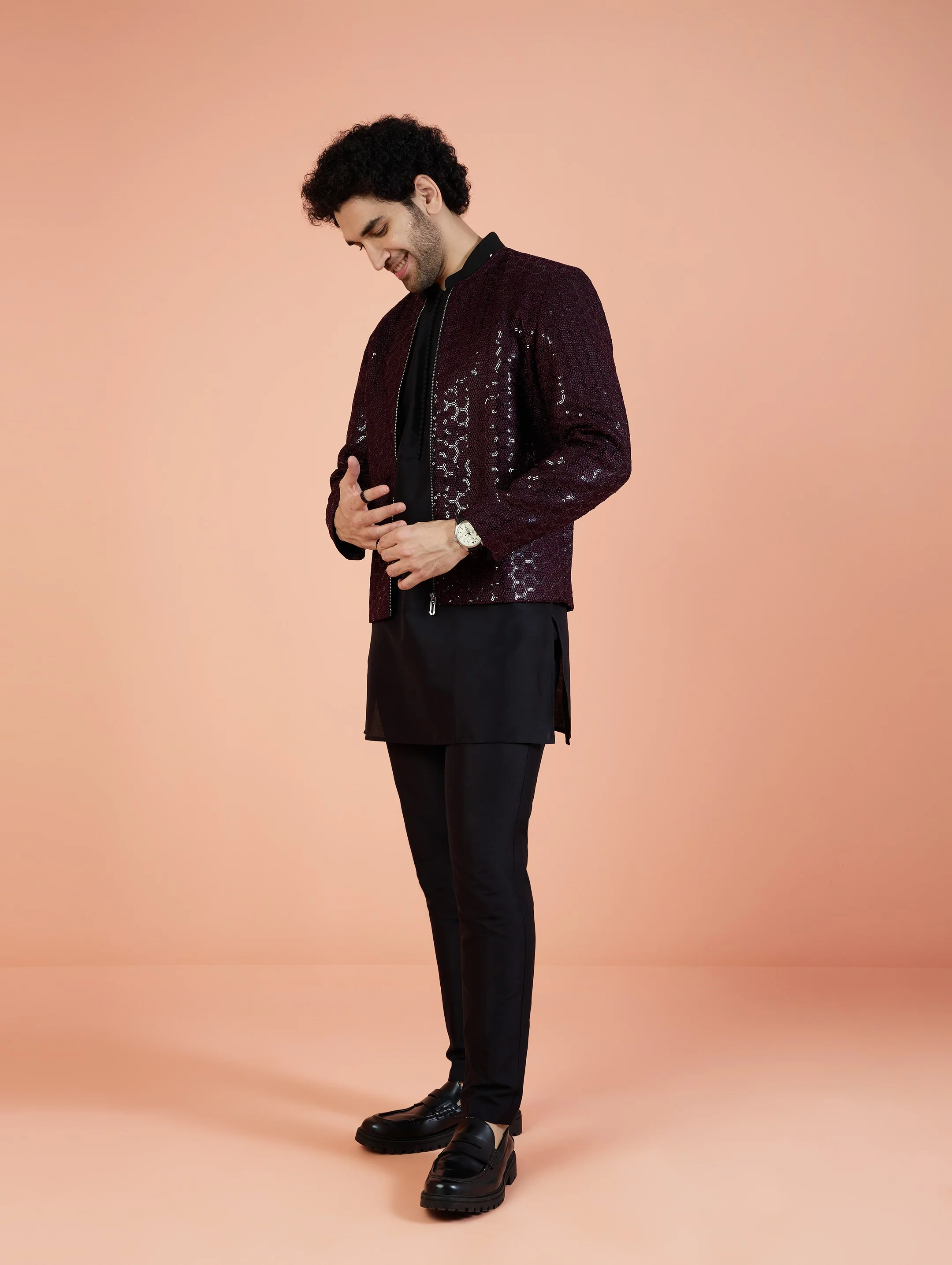 Men Wine Embellished Kurta Bomber Jacket Trouser Set with Sequence - Image 3