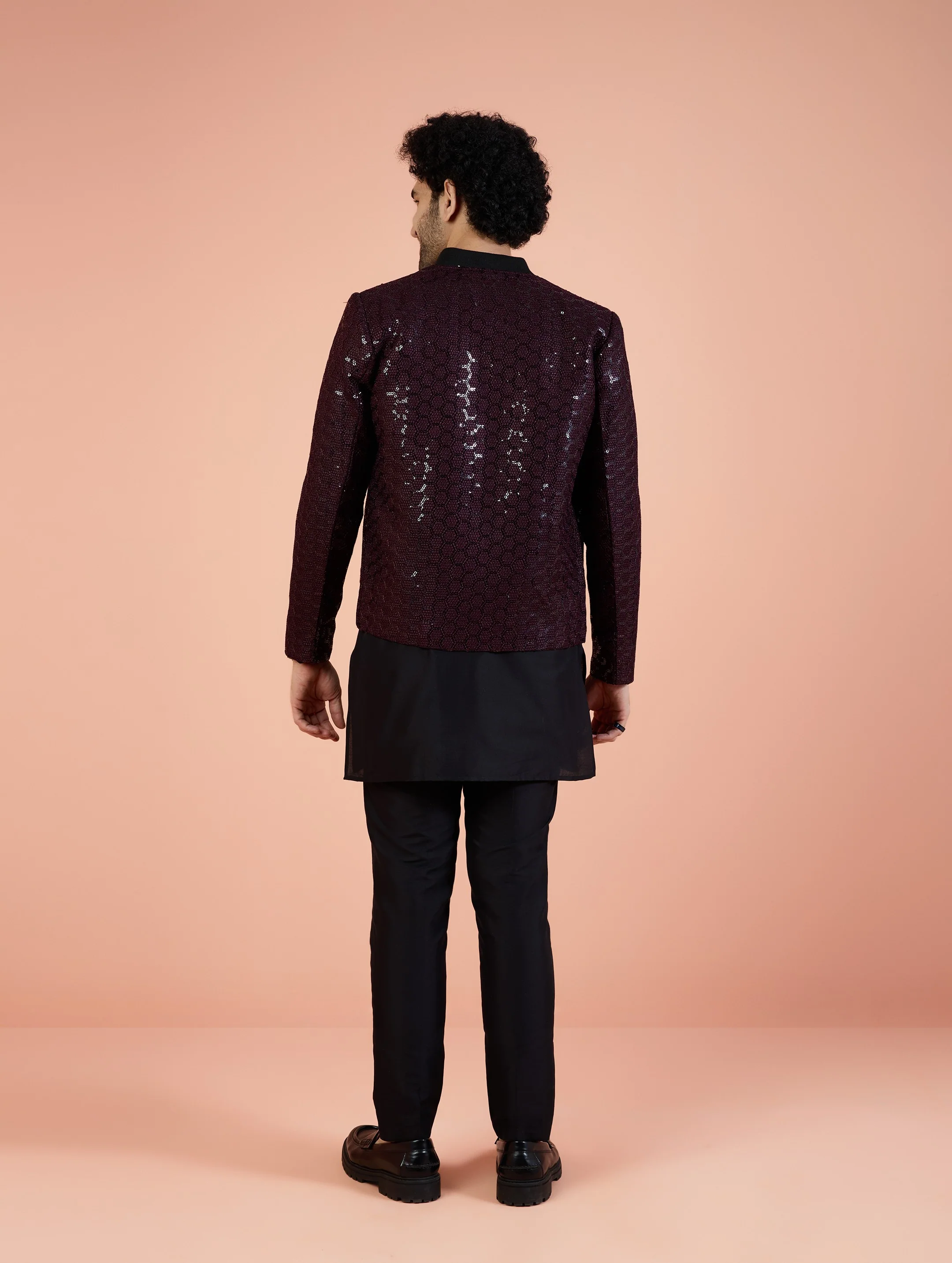 Men Wine Embellished Kurta Bomber Jacket Trouser Set with Sequence - Image 5