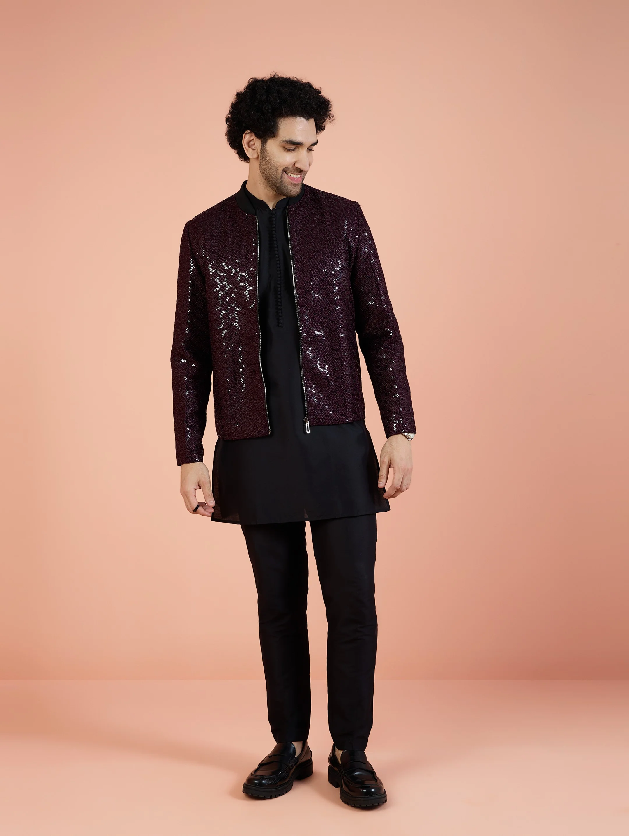 Men Wine Embellished Kurta Bomber Jacket Trouser Set with Sequence - Image 9
