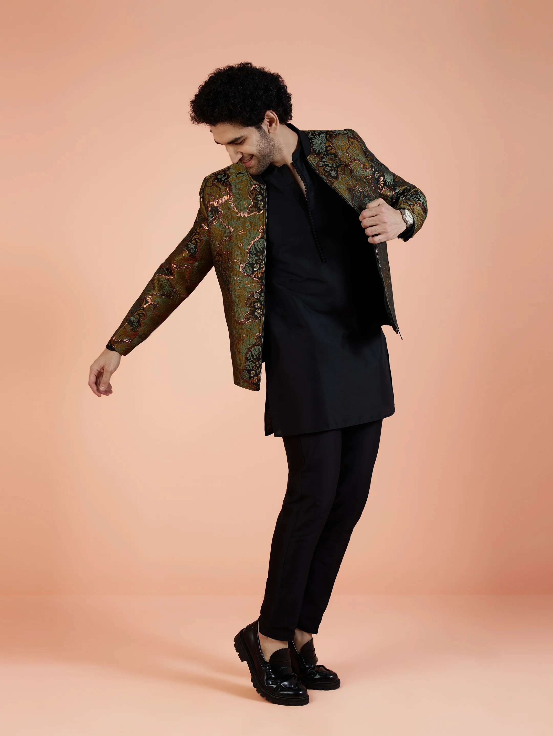 Men Green Abstract Kurta Bomber Jacket Trouser Set with Zari Work - Image 2