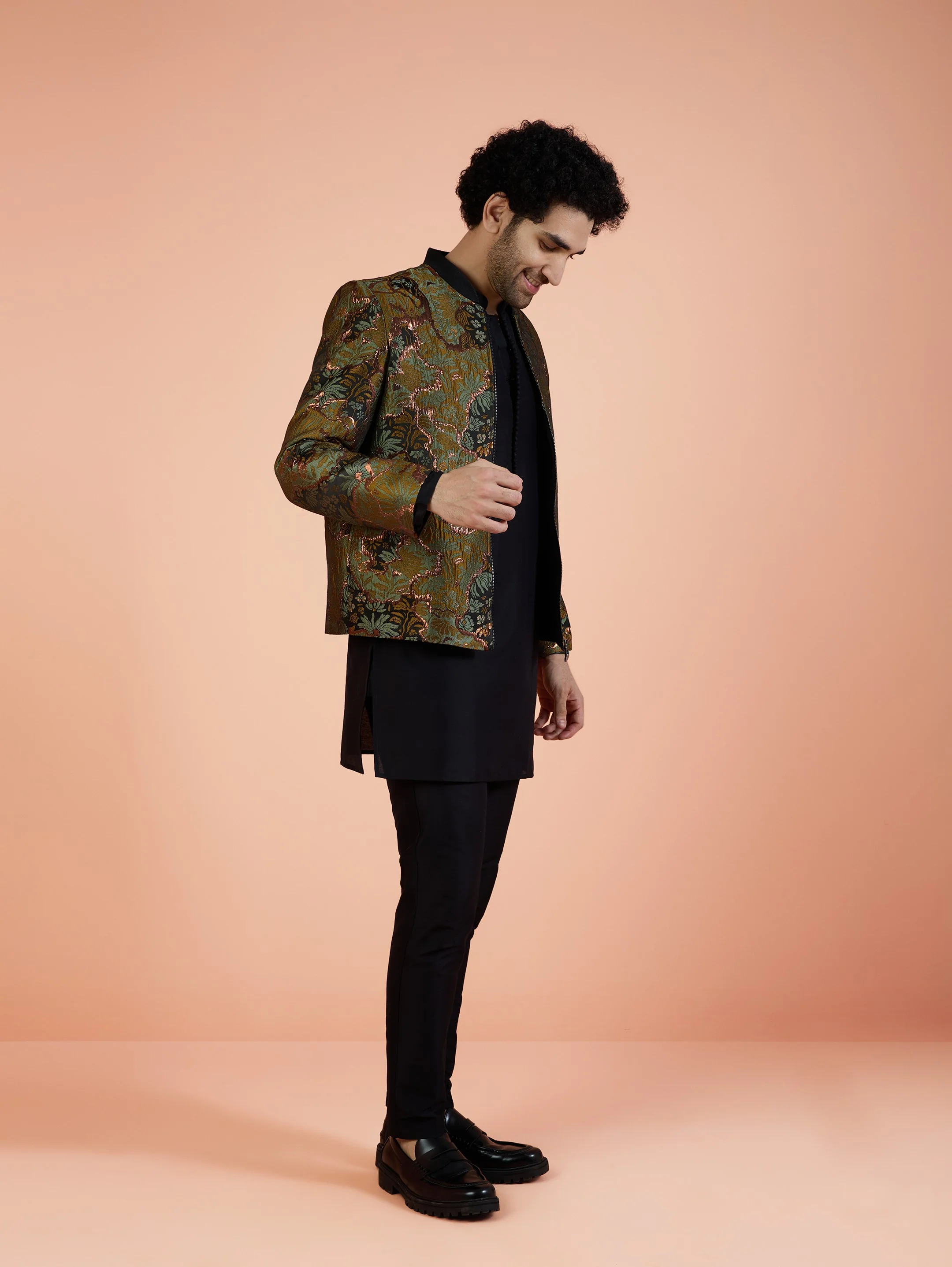 Men Green Abstract Kurta Bomber Jacket Trouser Set with Zari Work - Image 3