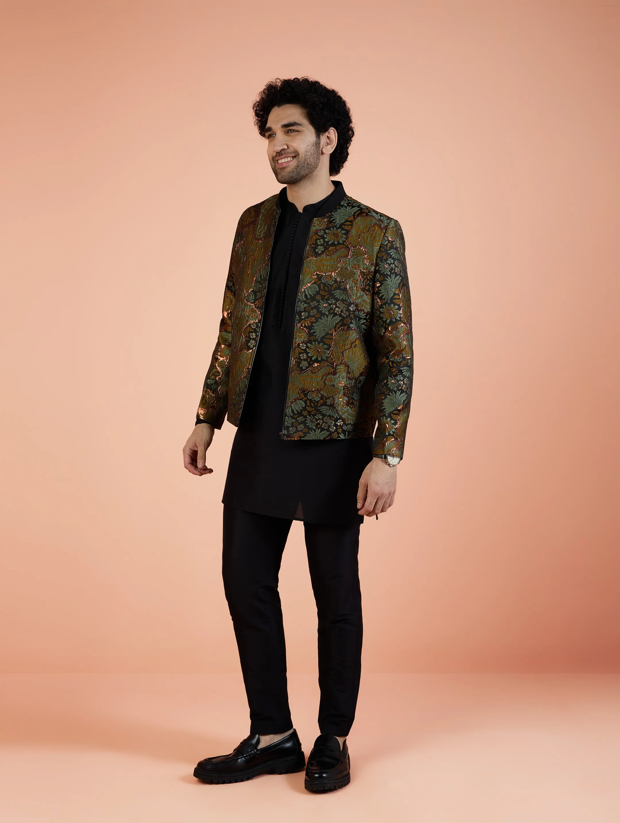 Men Green Abstract Kurta Bomber Jacket Trouser Set with Zari Work - Image 4