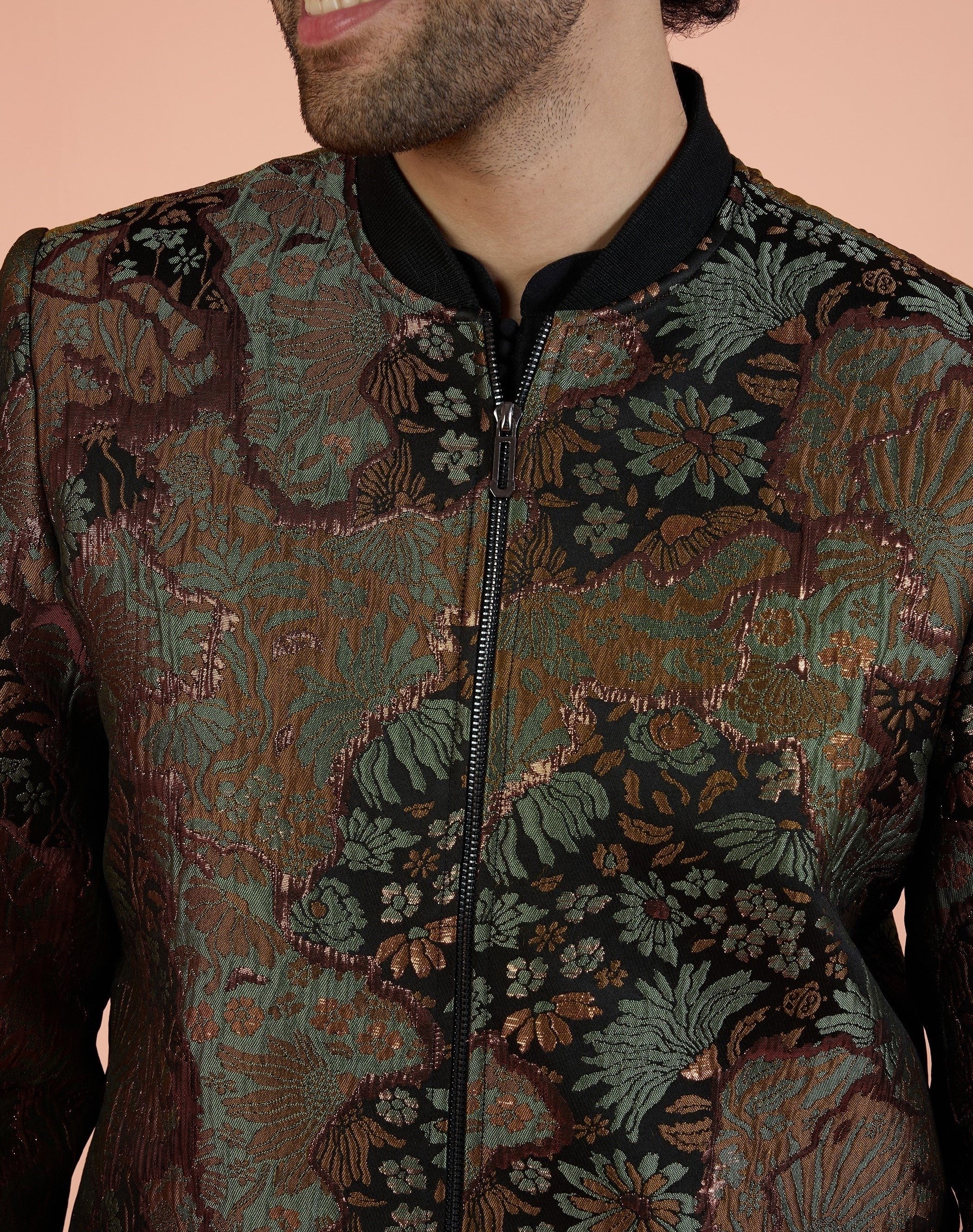 Men Green Abstract Kurta Bomber Jacket Trouser Set with Zari Work - Image 6