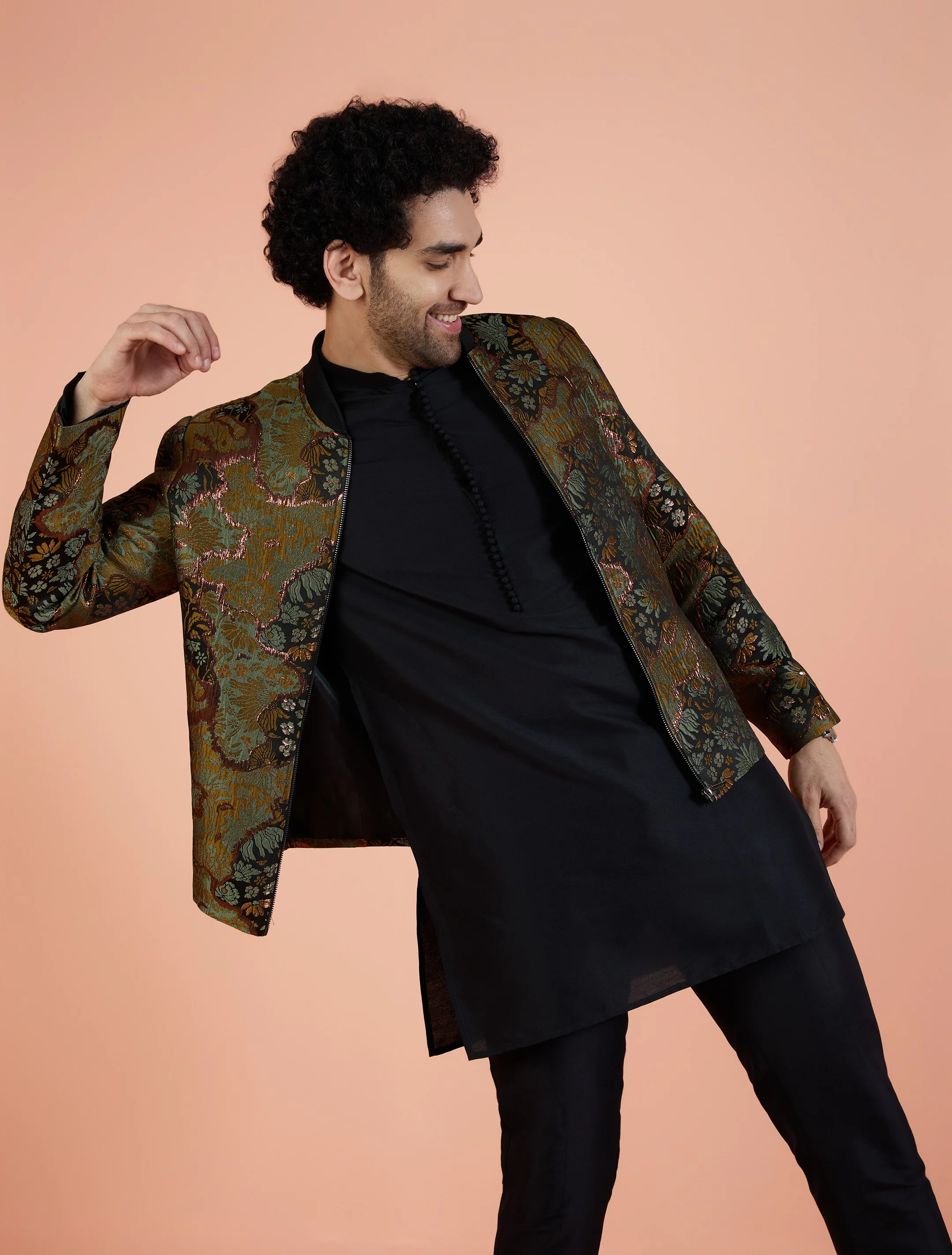 Men Green Abstract Kurta Bomber Jacket Trouser Set with Zari Work - Image 8