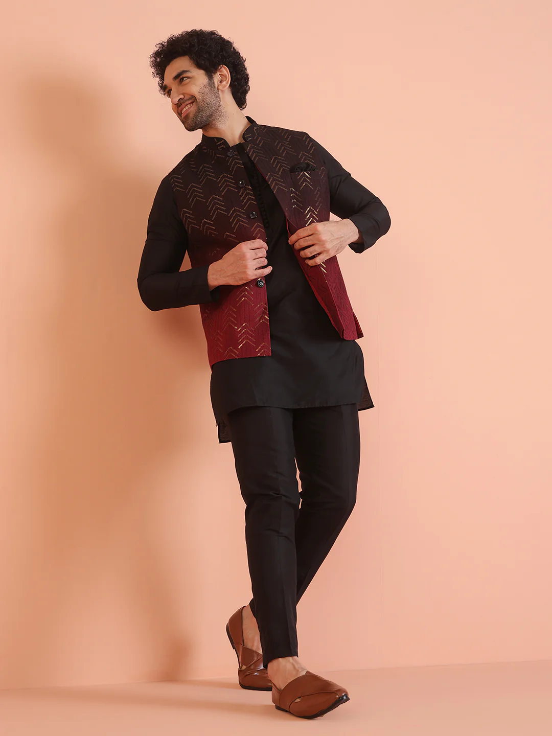 Black Ombre Sequinned Nehru Jacket Set
