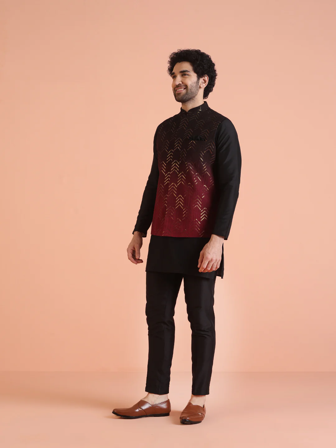 Black Ombre Sequinned Nehru Jacket Set - Image 3