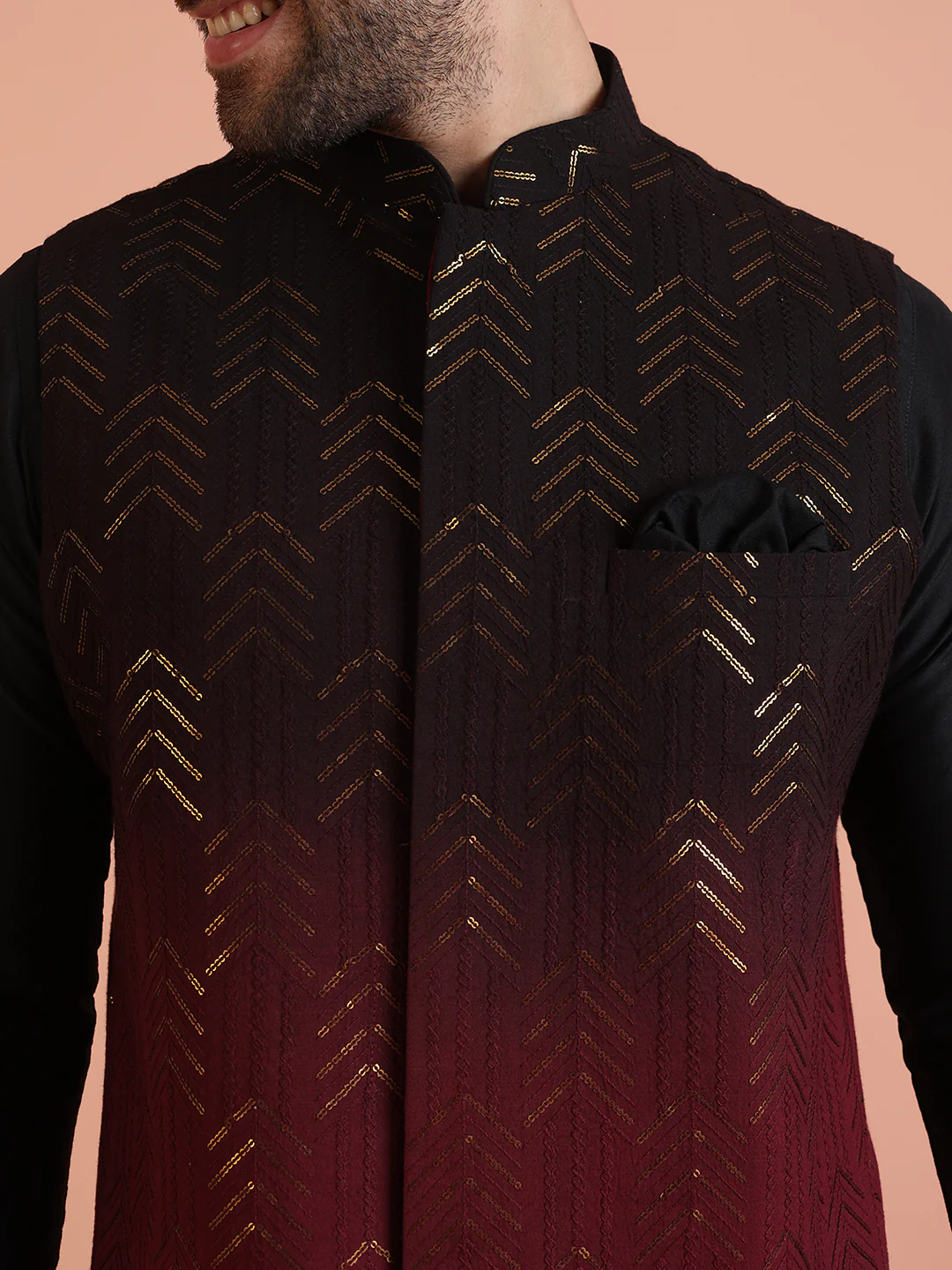 Black Ombre Sequinned Nehru Jacket Set - Image 5