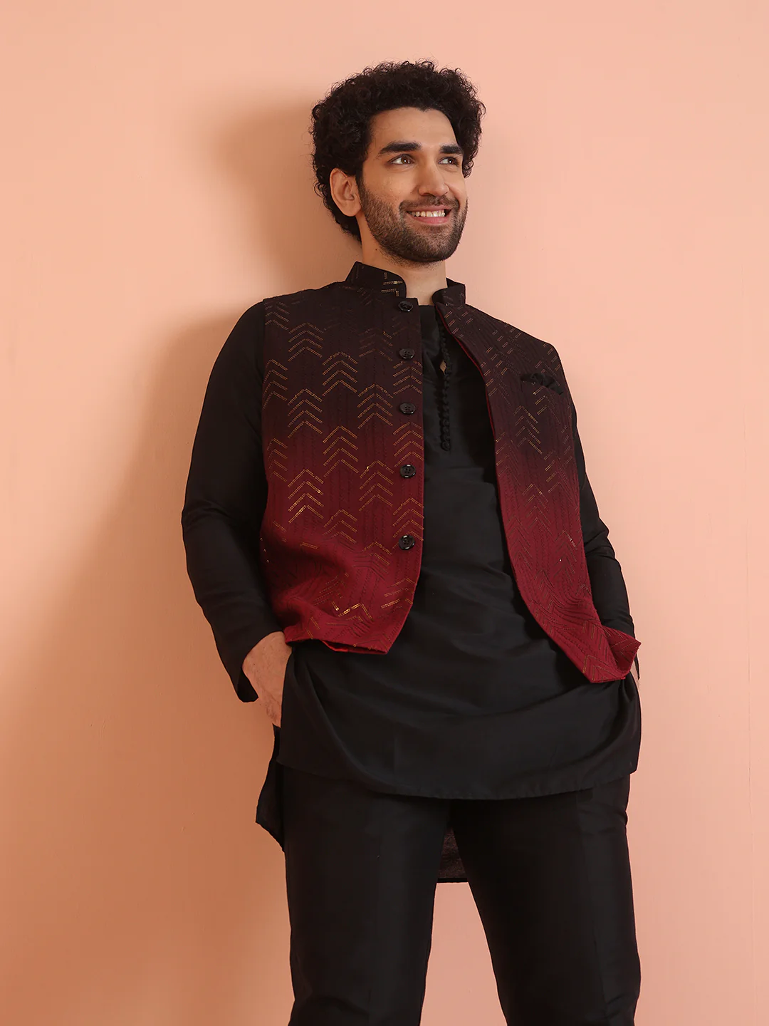 Black Ombre Sequinned Nehru Jacket Set - Image 8