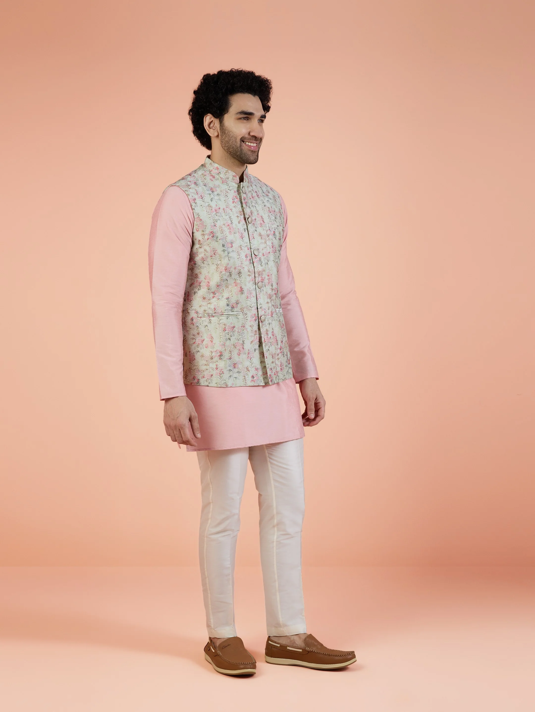 Men Multi Jacquard Kurta Nehru Jacket Trouser Set with Ethnic Motifs - Image 4