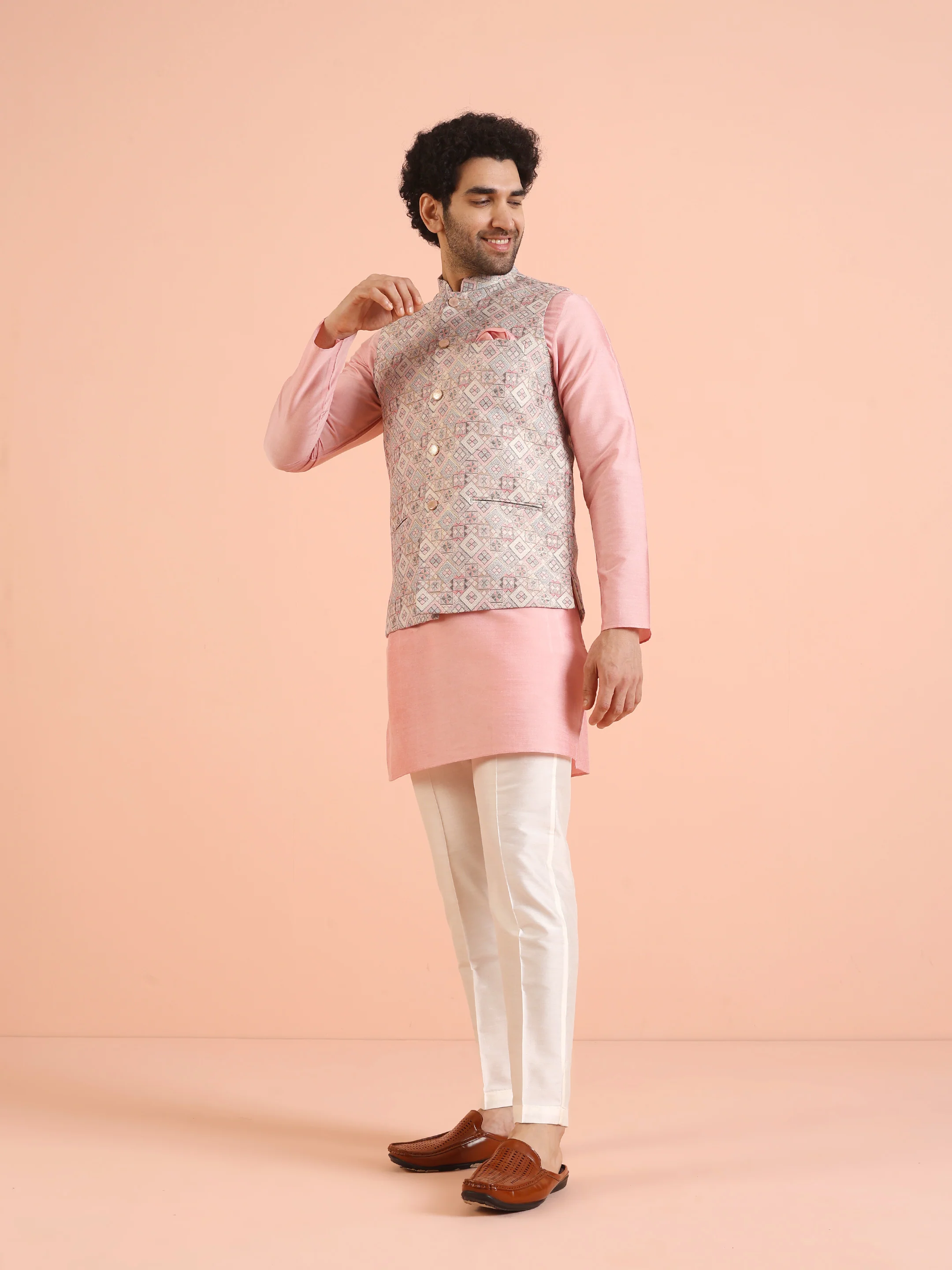 Multi Jacquard Silk Blend Nehru Jacket Kurta Trouser Set - Image 3