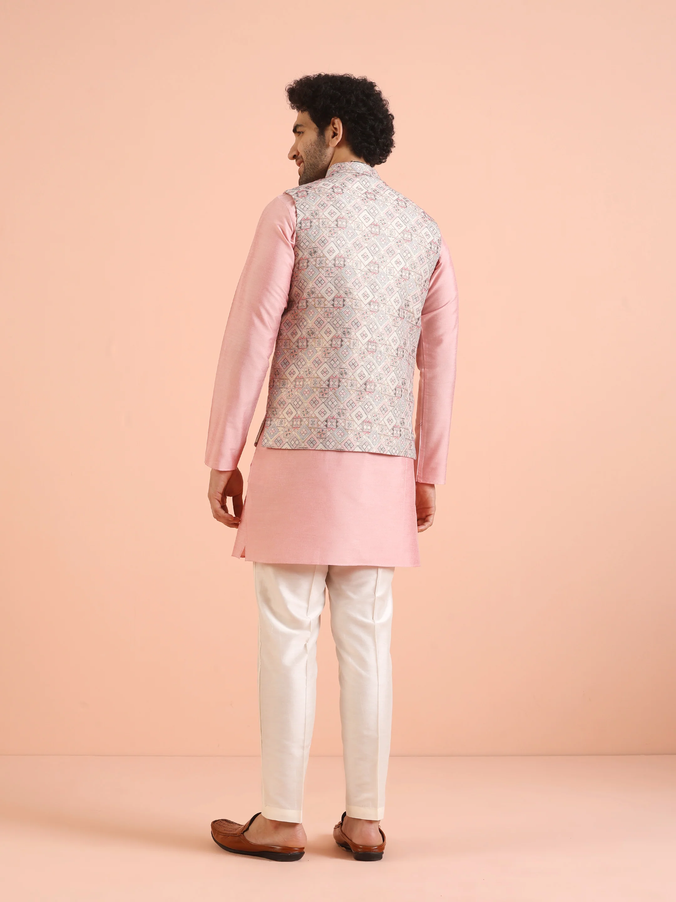 Multi Jacquard Silk Blend Nehru Jacket Kurta Trouser Set - Image 4
