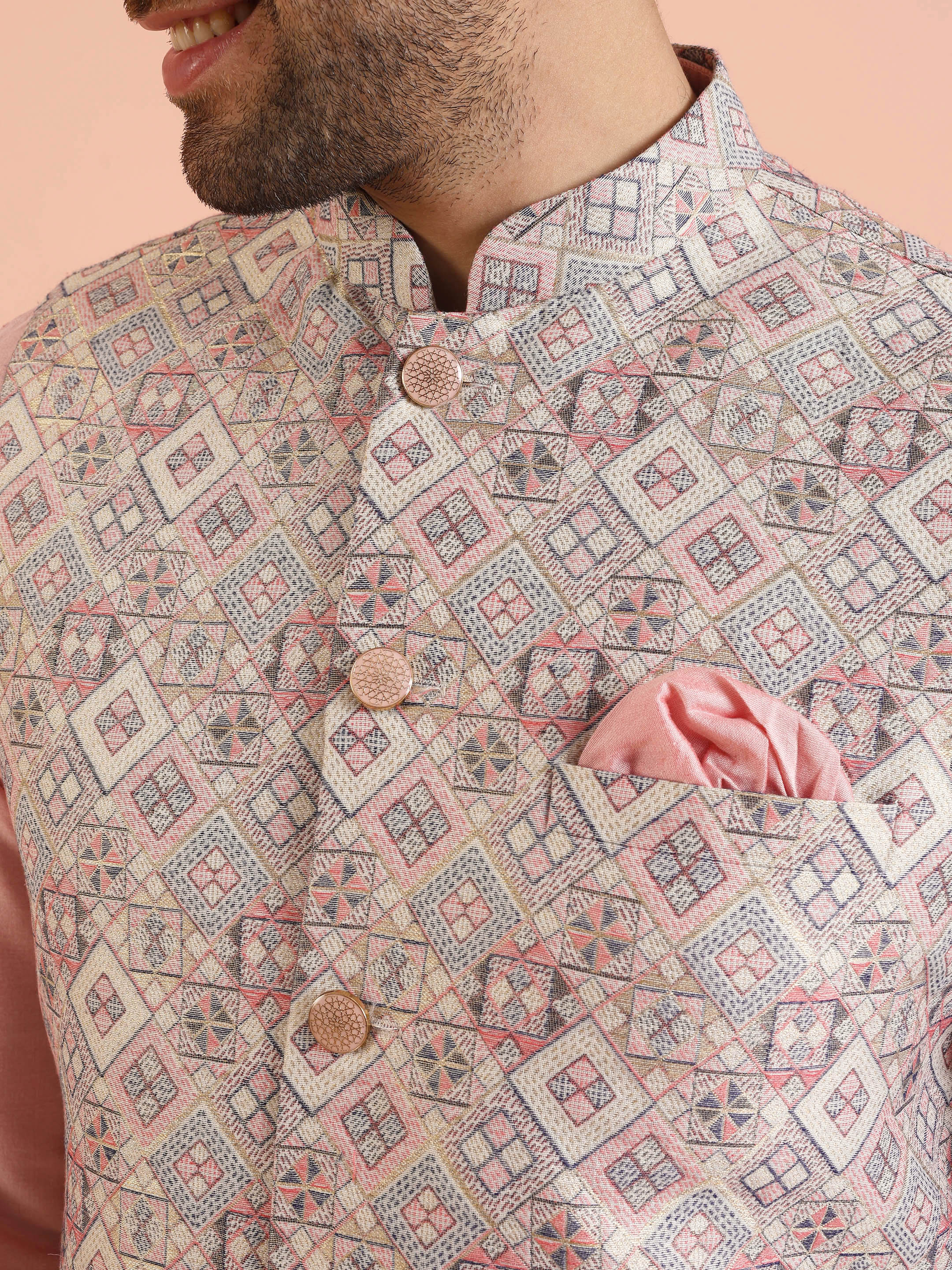 Multi Jacquard Silk Blend Nehru Jacket Kurta Trouser Set - Image 5