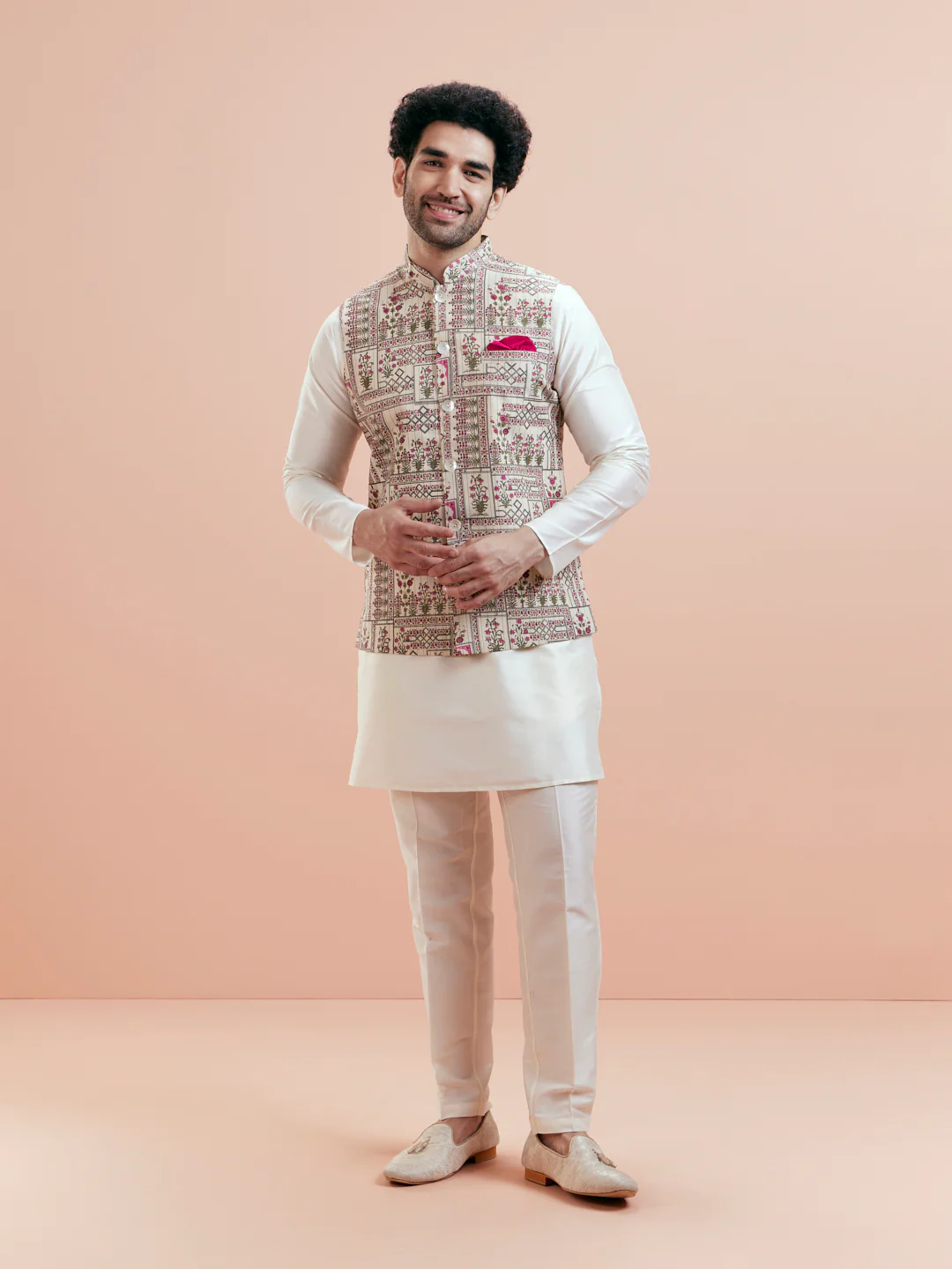 Cream Kurta Ivory Trouser with Embroidered Jacket - Image 2