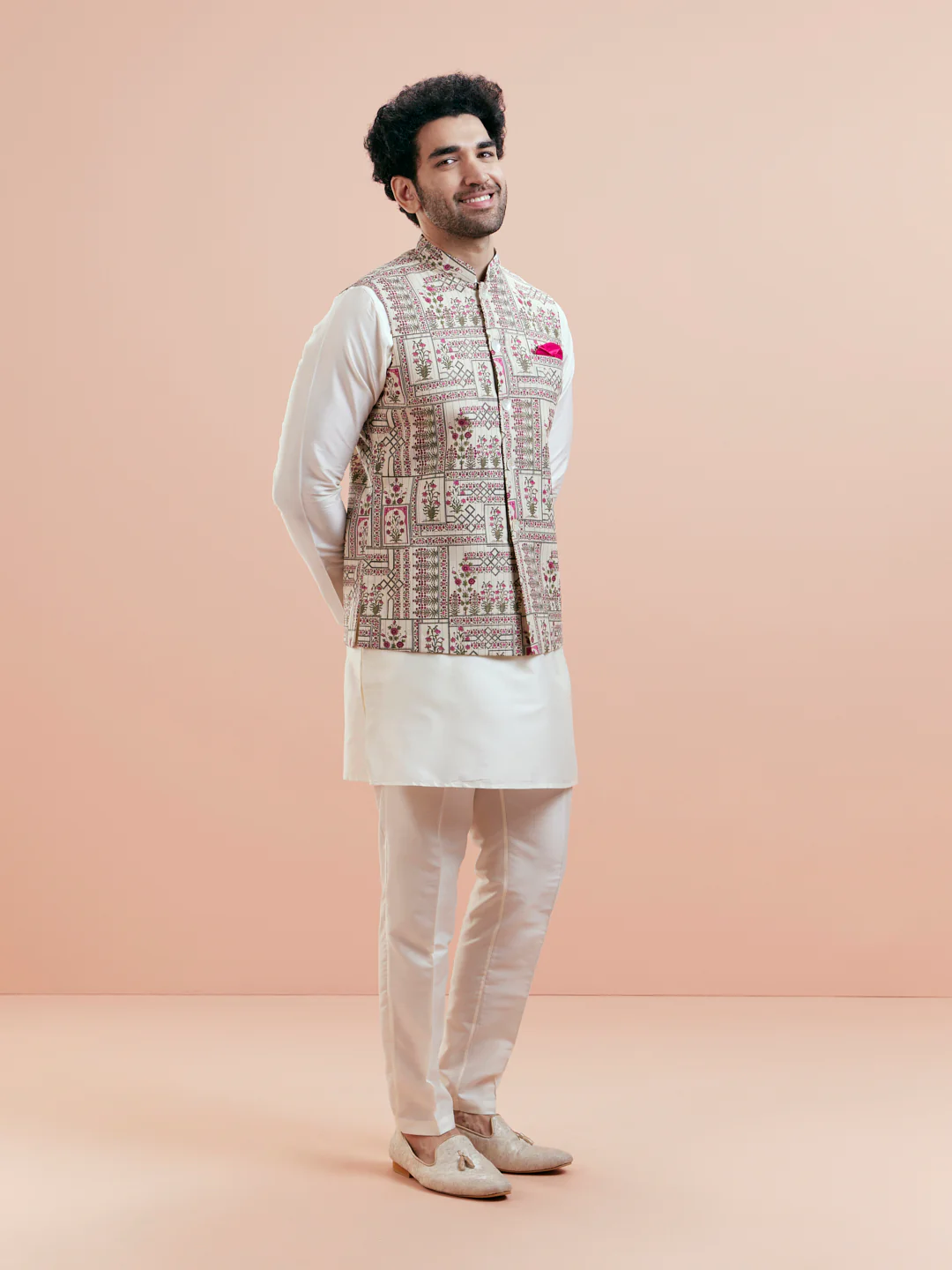 Cream Kurta Ivory Trouser with Embroidered Jacket - Image 4
