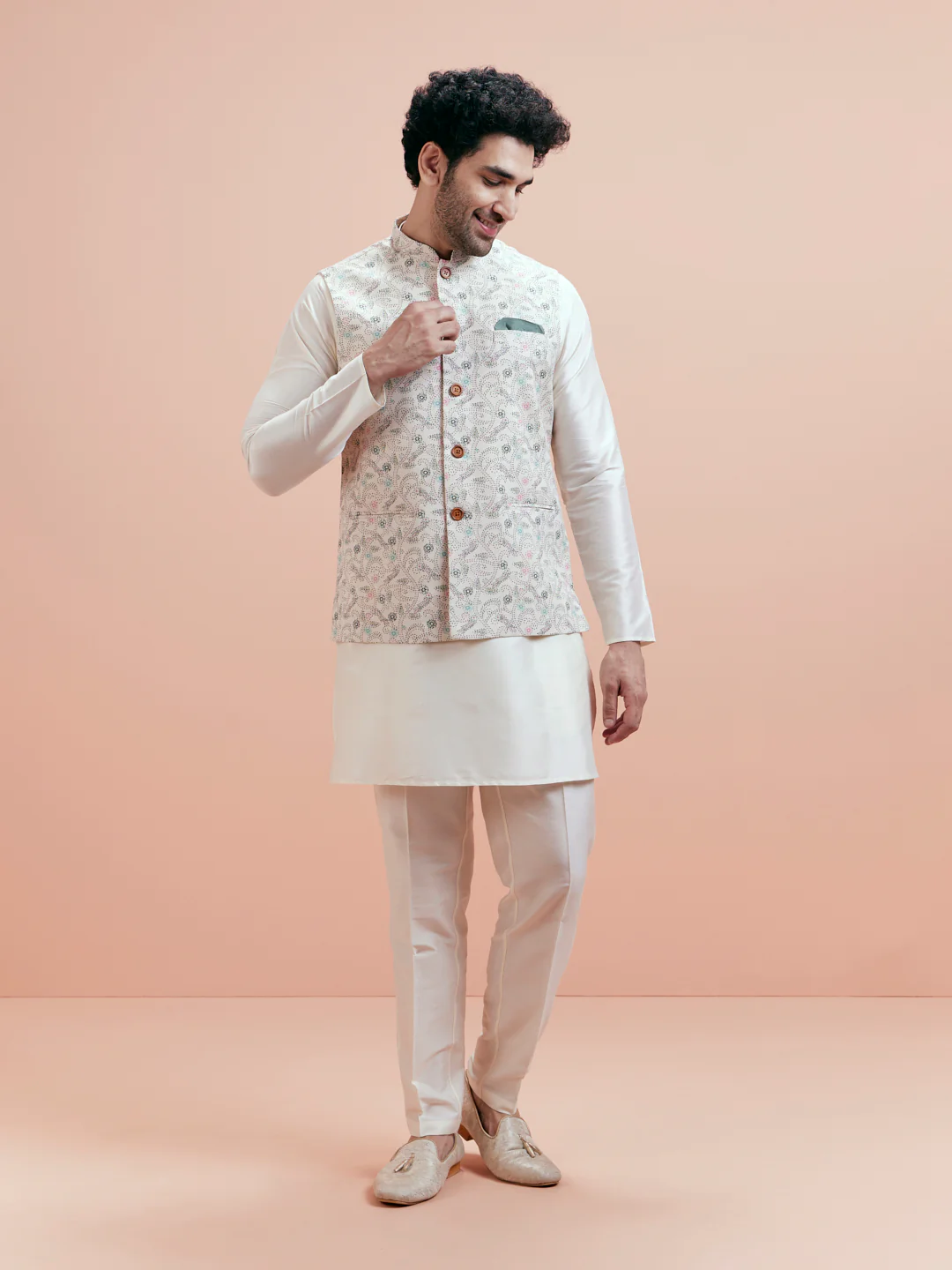 White Cotton Blend Printed Jacket Kurta Trouser Set - Image 4
